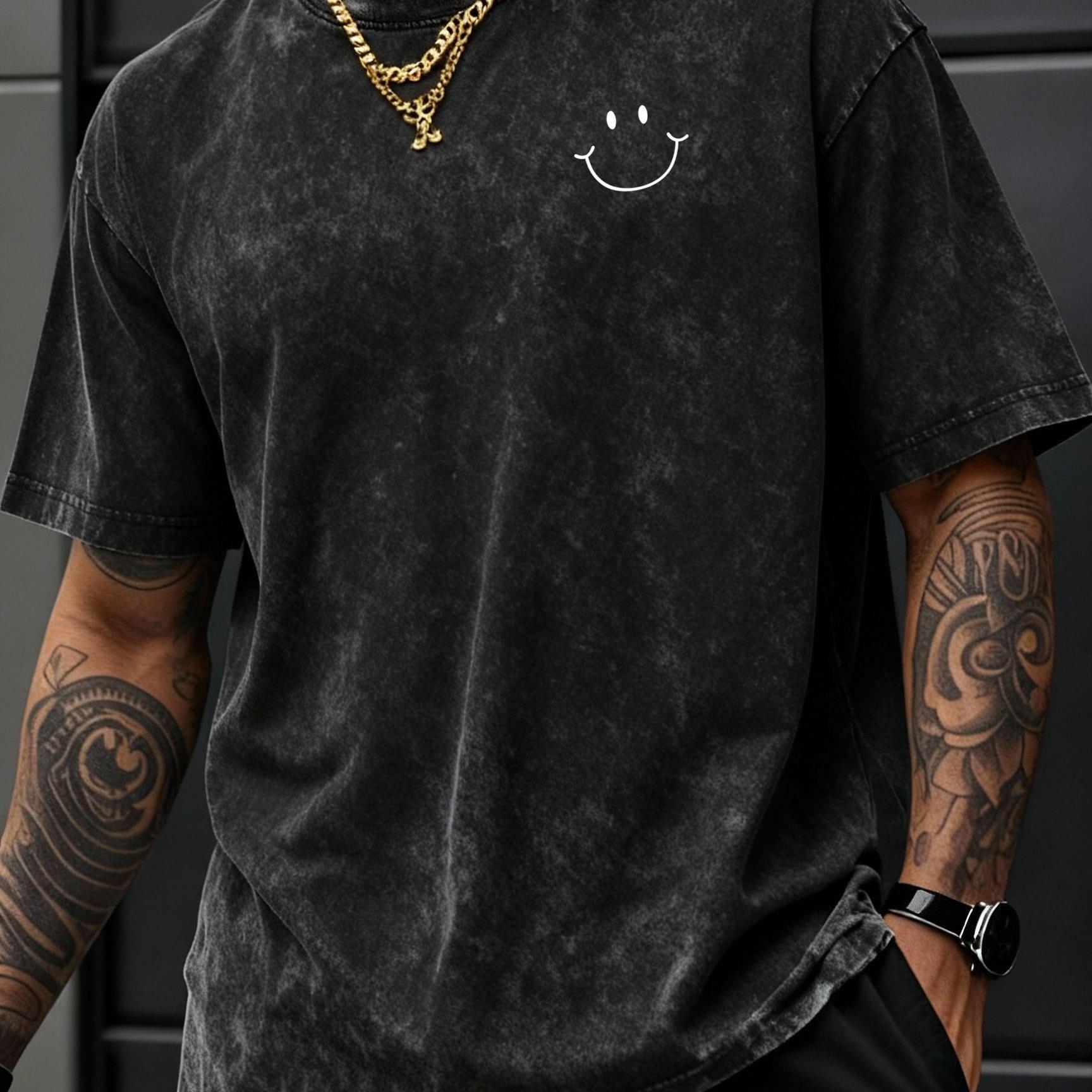 TEMU Camiseta de manga corta de algodón para hombre, , con estampado de logotipo de cara alegre en el pecho, corte holgado vintage acid-washed con