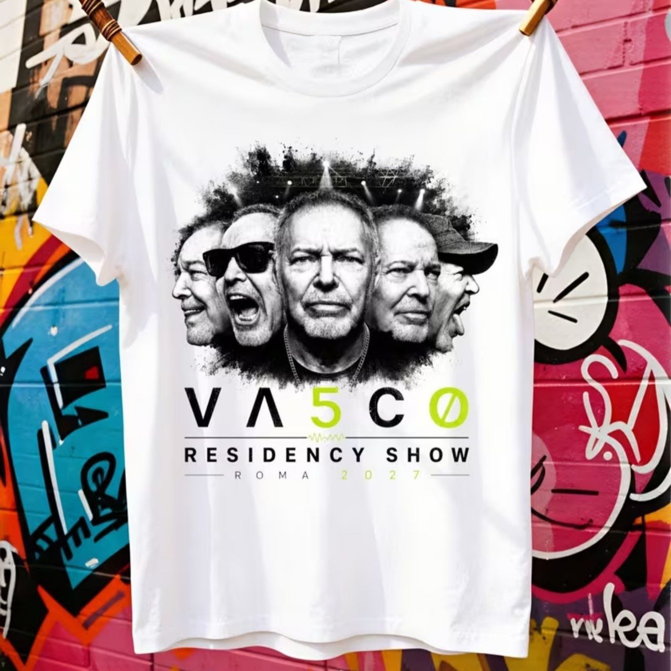 TEMU T-shirt Show Roma 2027 - Merchandising da concerto verde neon con collage di del cantante rock e luci di , maglietta casual vestibilit� adatta