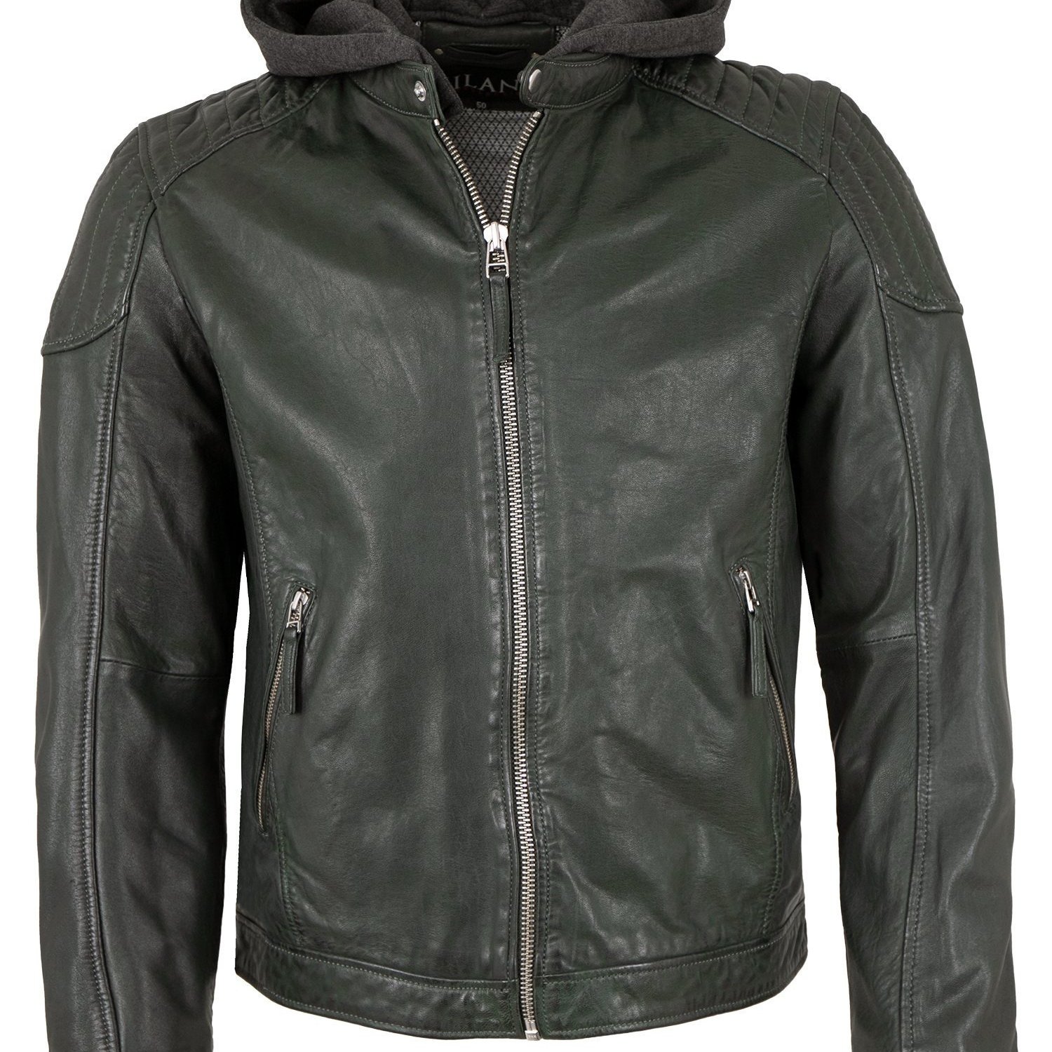 Men's Genuine Lamb Leather Jacket With Hood In Petrol