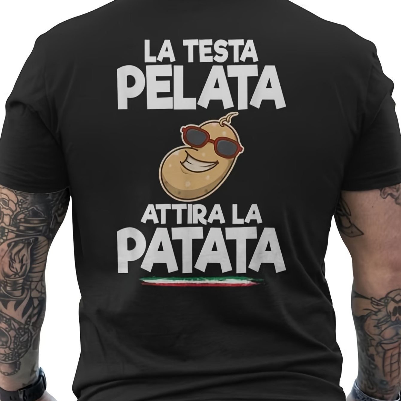TEMU Funny Men's T-shirt With Italian Slogan "the Bald Head Attracts Potatoes" - Back Print, Joking Gift With Italian Text, Casual Short Sleeve Round