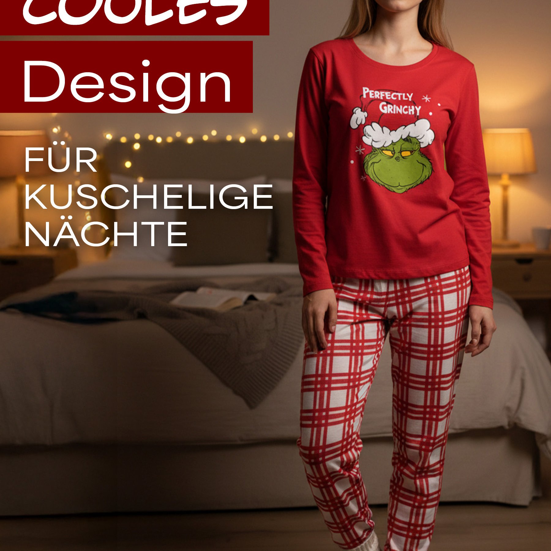 Image of The Pajamas For Women - Perfectly Grinchy Pyjama Set Long-sleeved Top With Red Pants