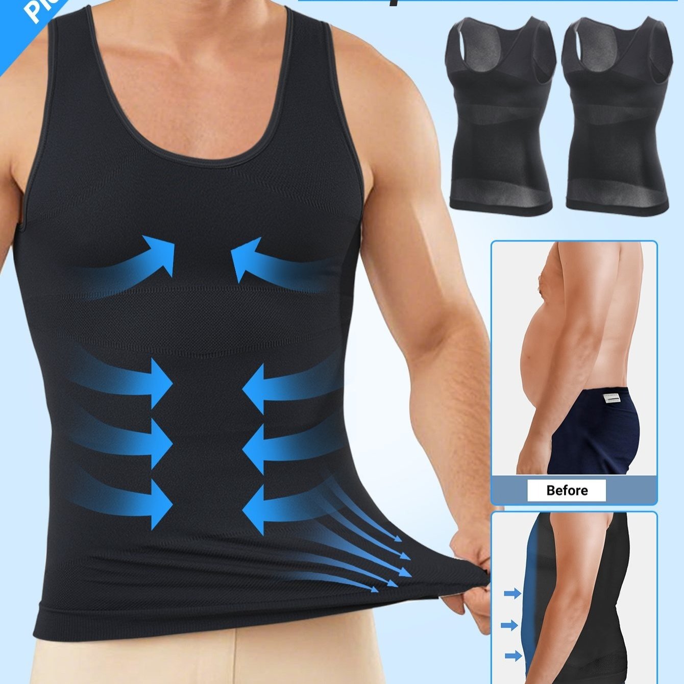 Image of 2pcs Of Men's Tank Top Compression Shirt With Belly Control - Polyester Material - Elastic And Breathable - For Fitness And - Comfortable And Shaping