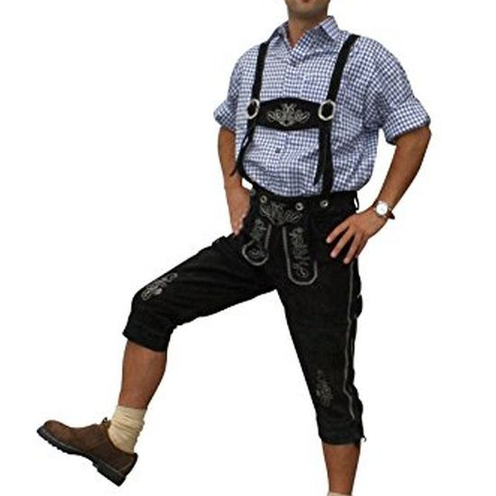 Image of Traditional With Suspenders For Men, Black, Made Of Durable Leather, Knee-high Trachten Pants, Sizes 44-46-48-50-52-54-56-58-60