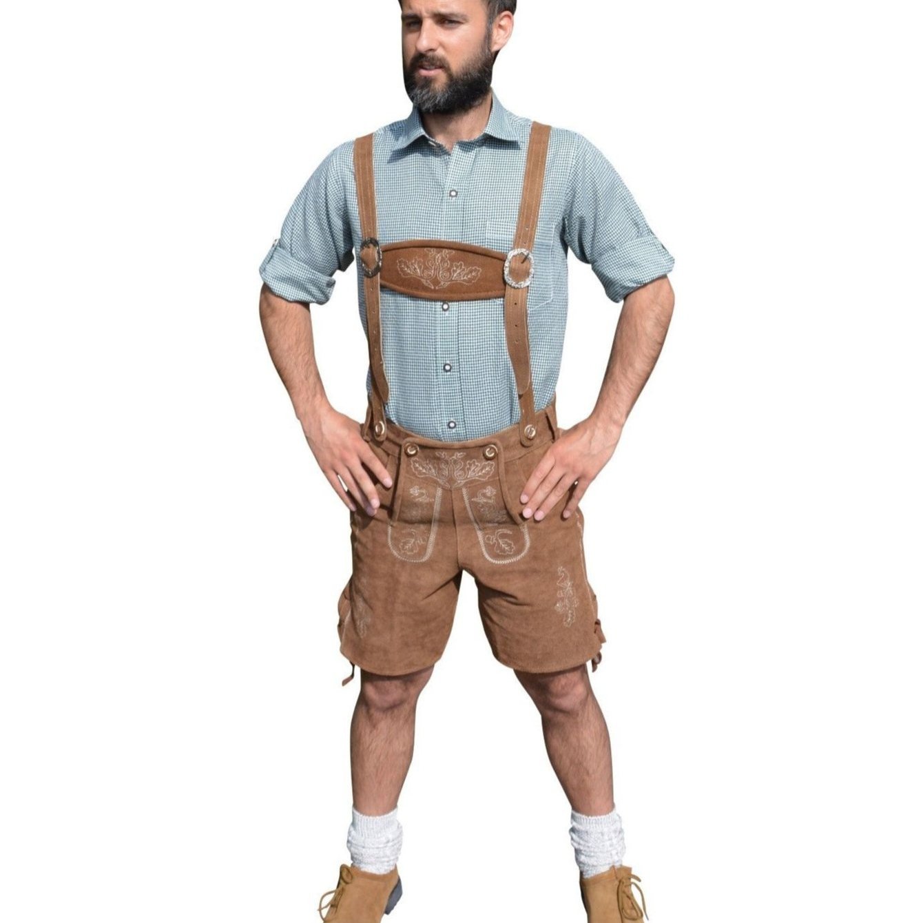 E-shop Trachten Lederhose inklusive Trägern Herren kurz hellbraun aus robustem Leder Trachtenmode Kniebundhose Größe 44-46-48-50-52-54-56-58-60
