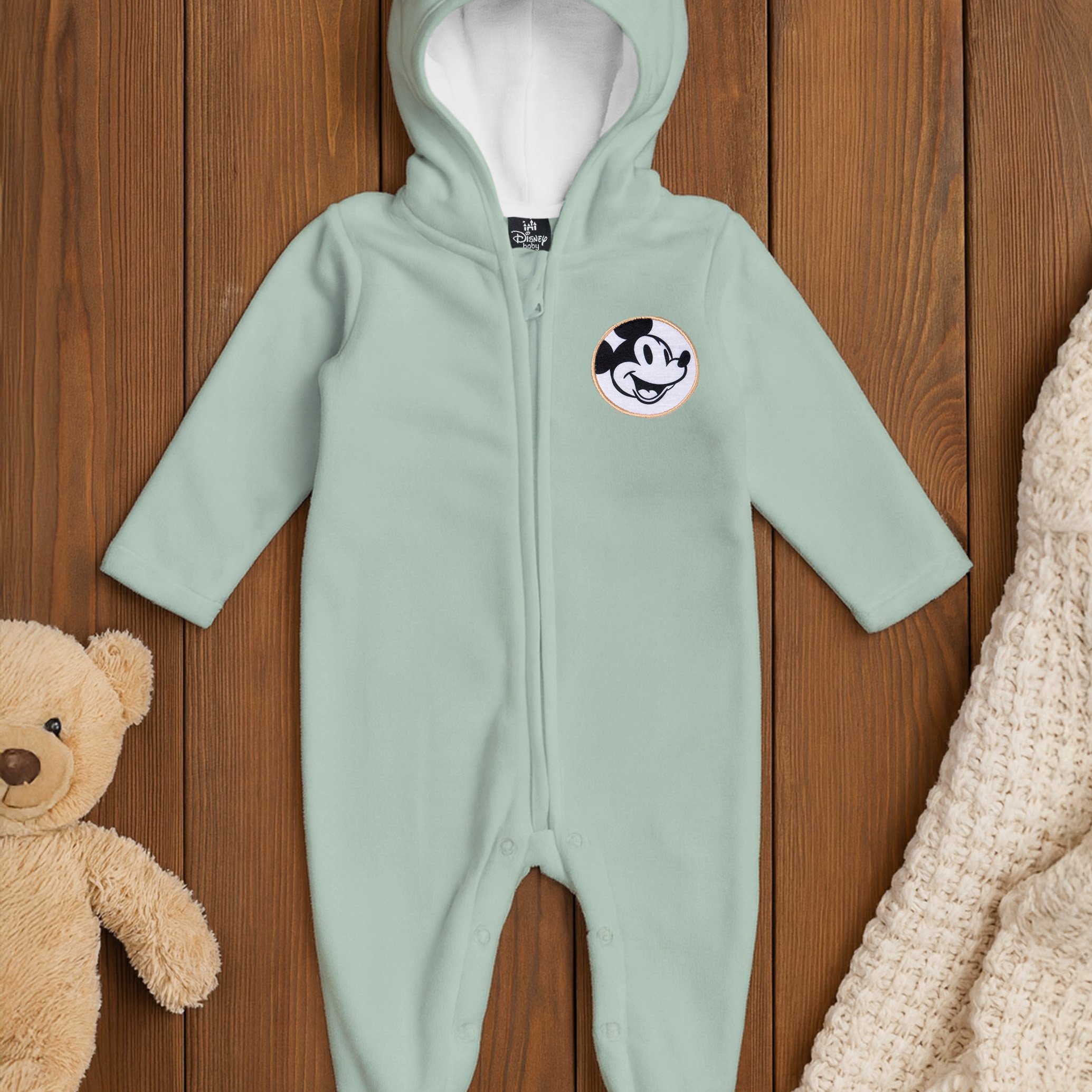 Image of Mouse Baby Fleece Romper With Hood And Ears For Boys And Girls - Baby Clothing Onesie Jumpsuit Light Green