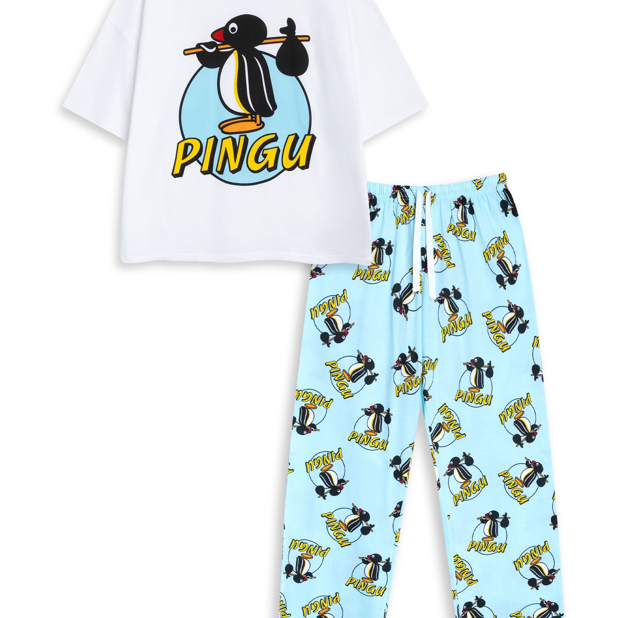 TEMU Pingu Womens White Blue Short Sleeve Long Leg Pyjama Set | Sleepwear & Loungewear | Pingu Print Nightwear For Relaxation | Pingu Merch - Small