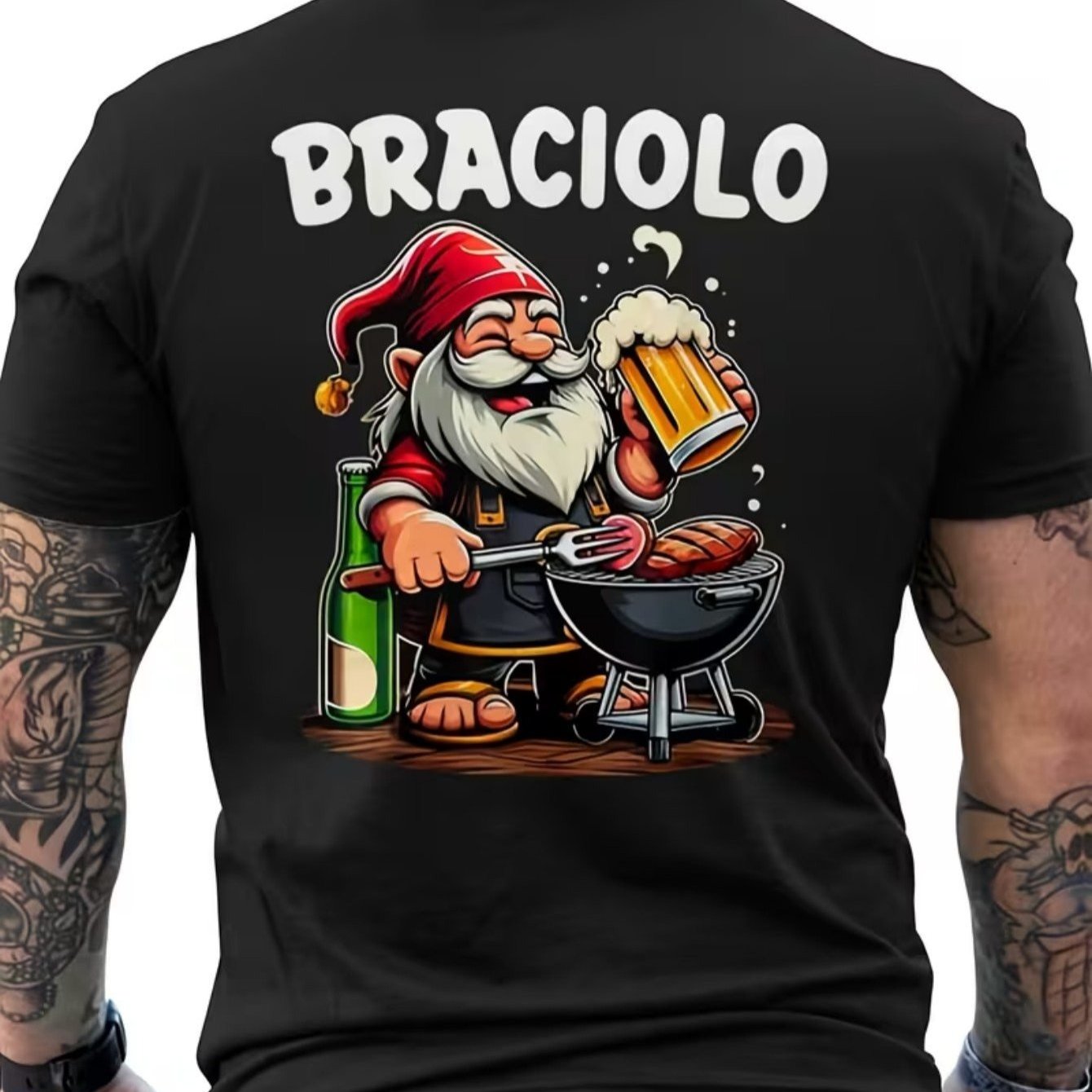 TEMU Funny T-shirt For Men "bbq " - Retro On The Back With Chef Gino, Ribs And Beer Mug - Black Casual T-shirt For Outdoor Grilling - Gift Idea For