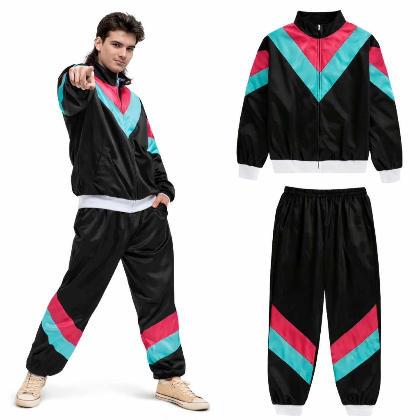 Neon Training Overall In 80s & 90s Look – Retro Bad Taste Jogging Suit For – Carnival & Mardi Gras Black