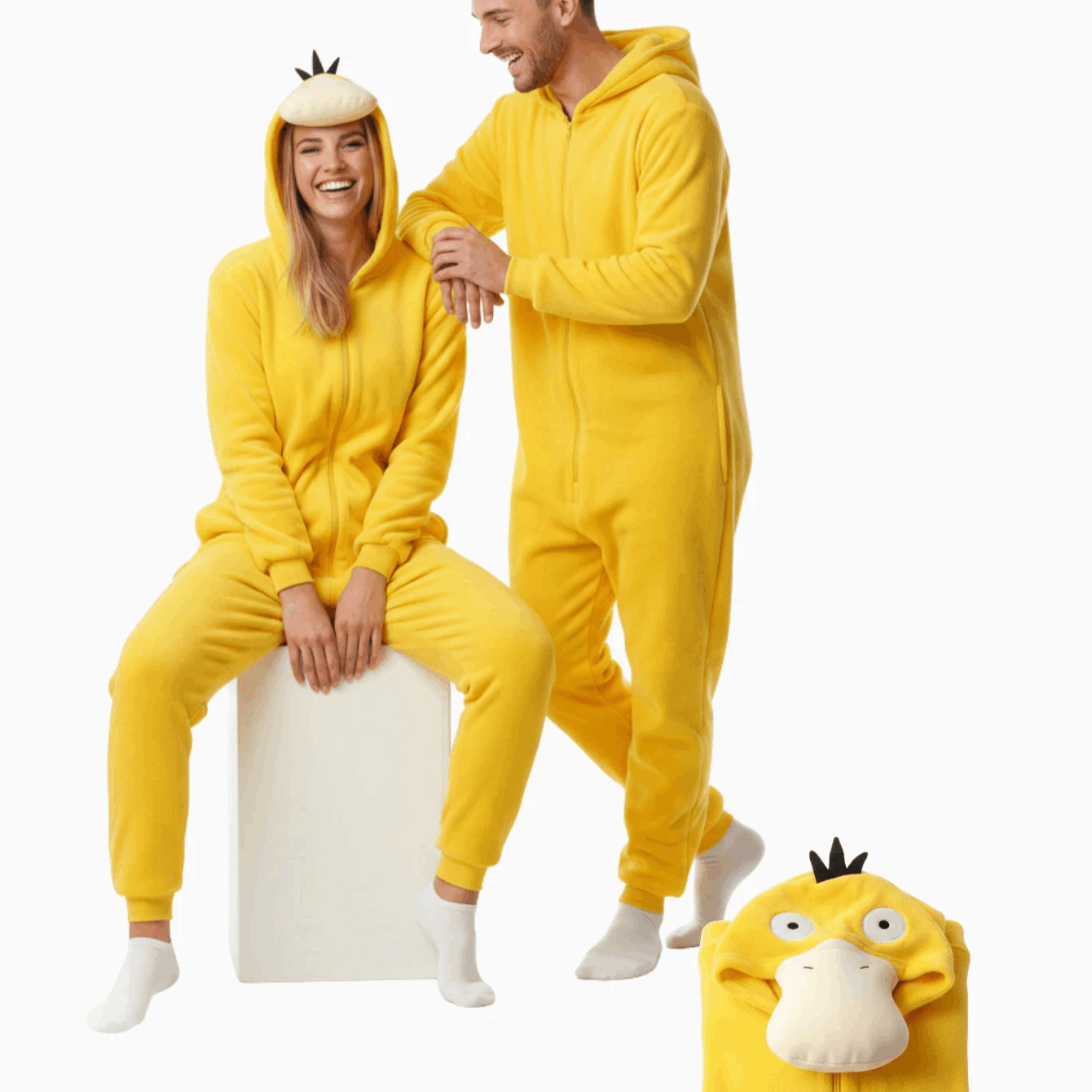Image of Yellow Cosplay Onesie Plush Pajamas With Hood And Pockets, Unisex Adults, Autumn Winter, S-xxl (155-195cm) Nerd Hunters