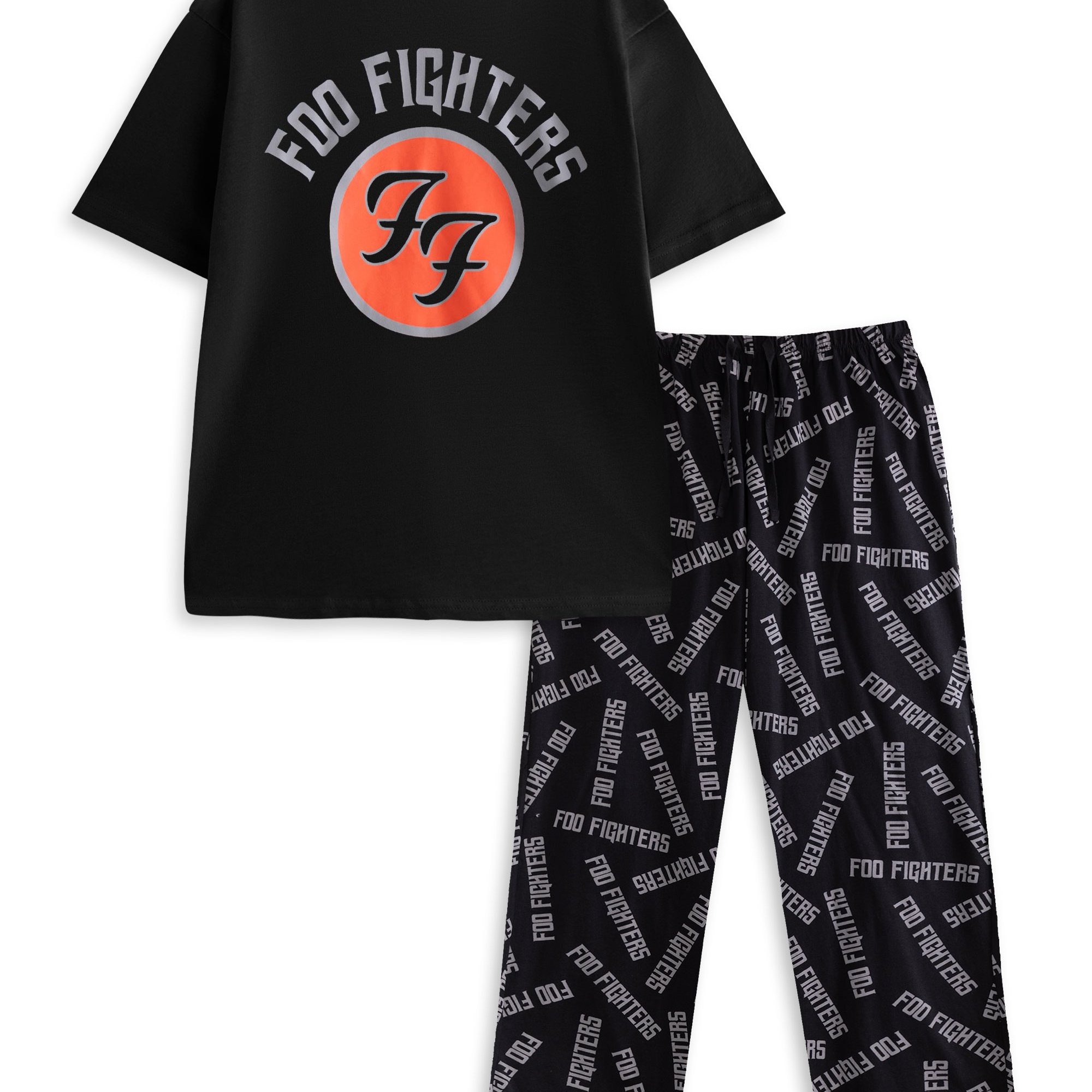 TEMU Foo Mens Black Short Sleeve Long Leg Pyjama Set | Crew Neck Sleepwear Logo | Music Loungewear For Relaxation & Lounging | - Medium