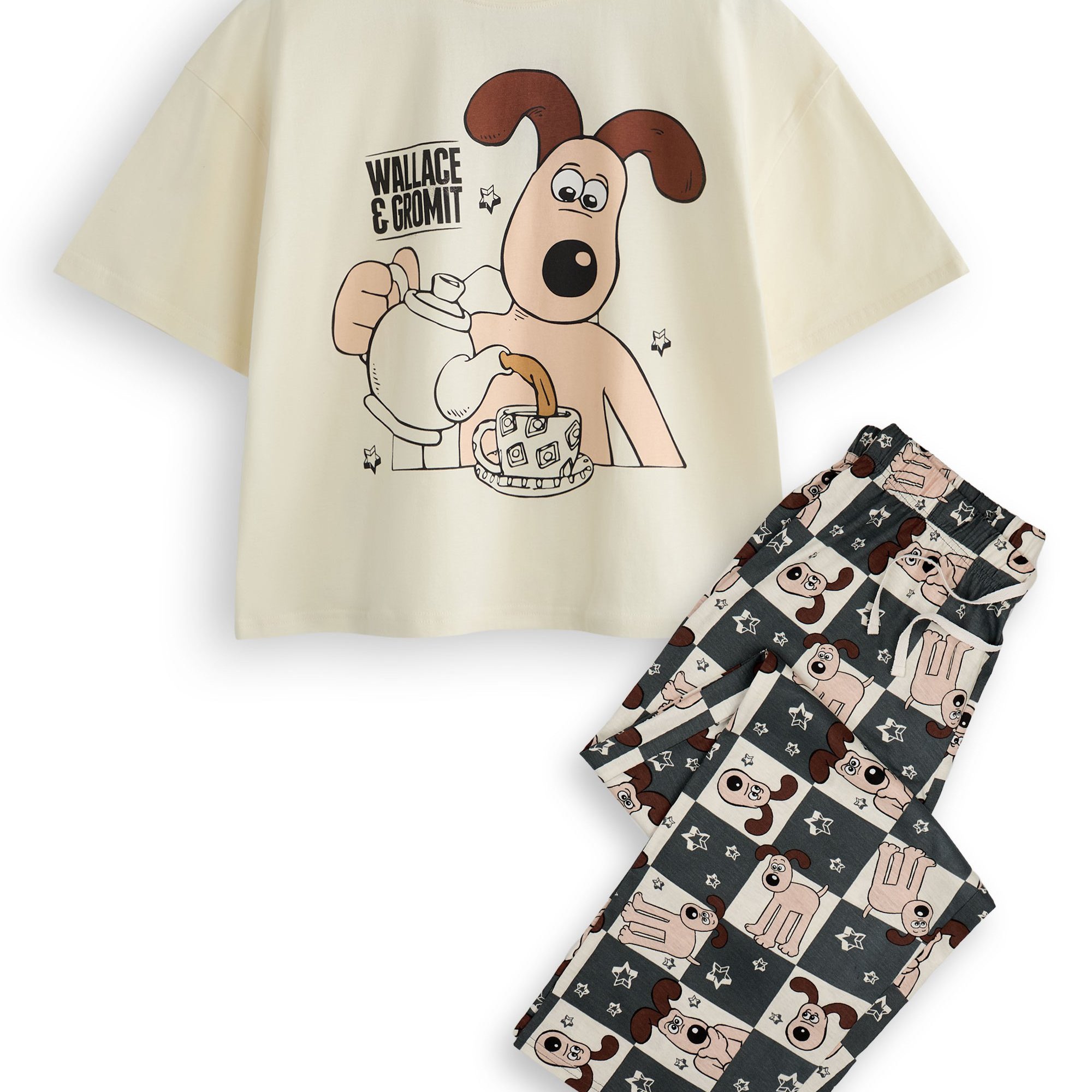 TEMU & Womens Pyjama Set | Ladies Tea Classic Logo Short Sleeve Top & All Graphic Loungewear Bottoms In Grey & Navy | Classic Movie Comedy Series
