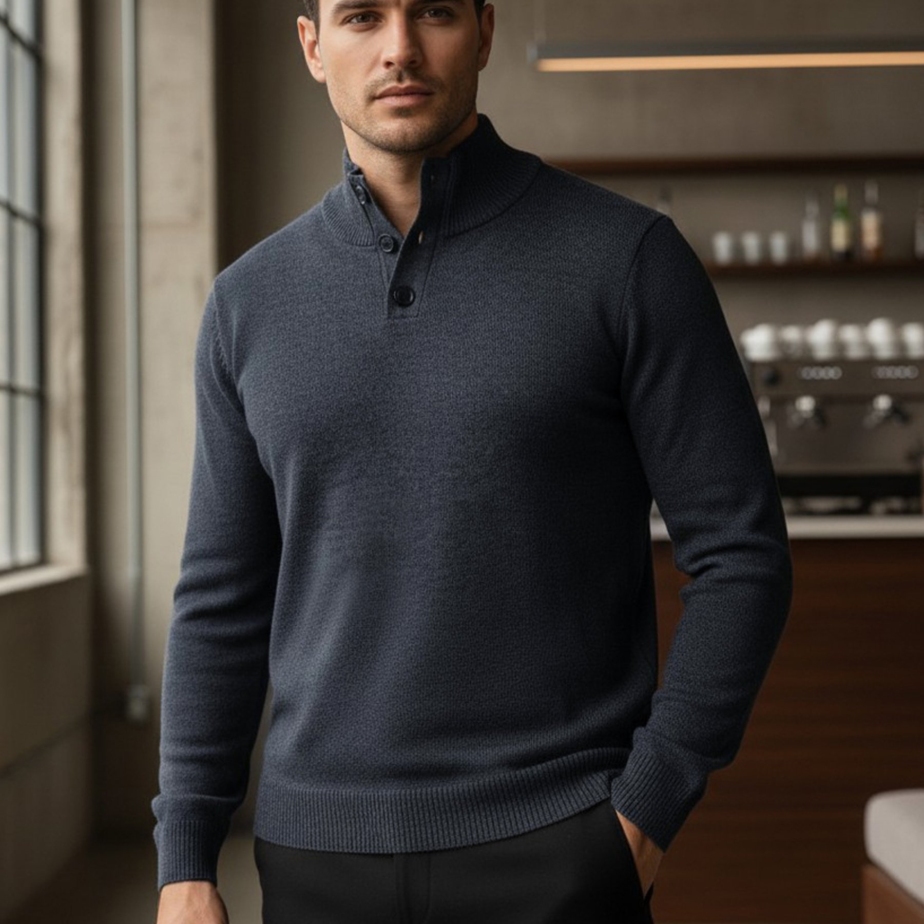 Men's Sweater With A Button-up Stand Collar, Classic Long-sleeve Men's Sweater, Regular Fit, Cotton-polyester-elastane Knit, Men's Knitwear With A