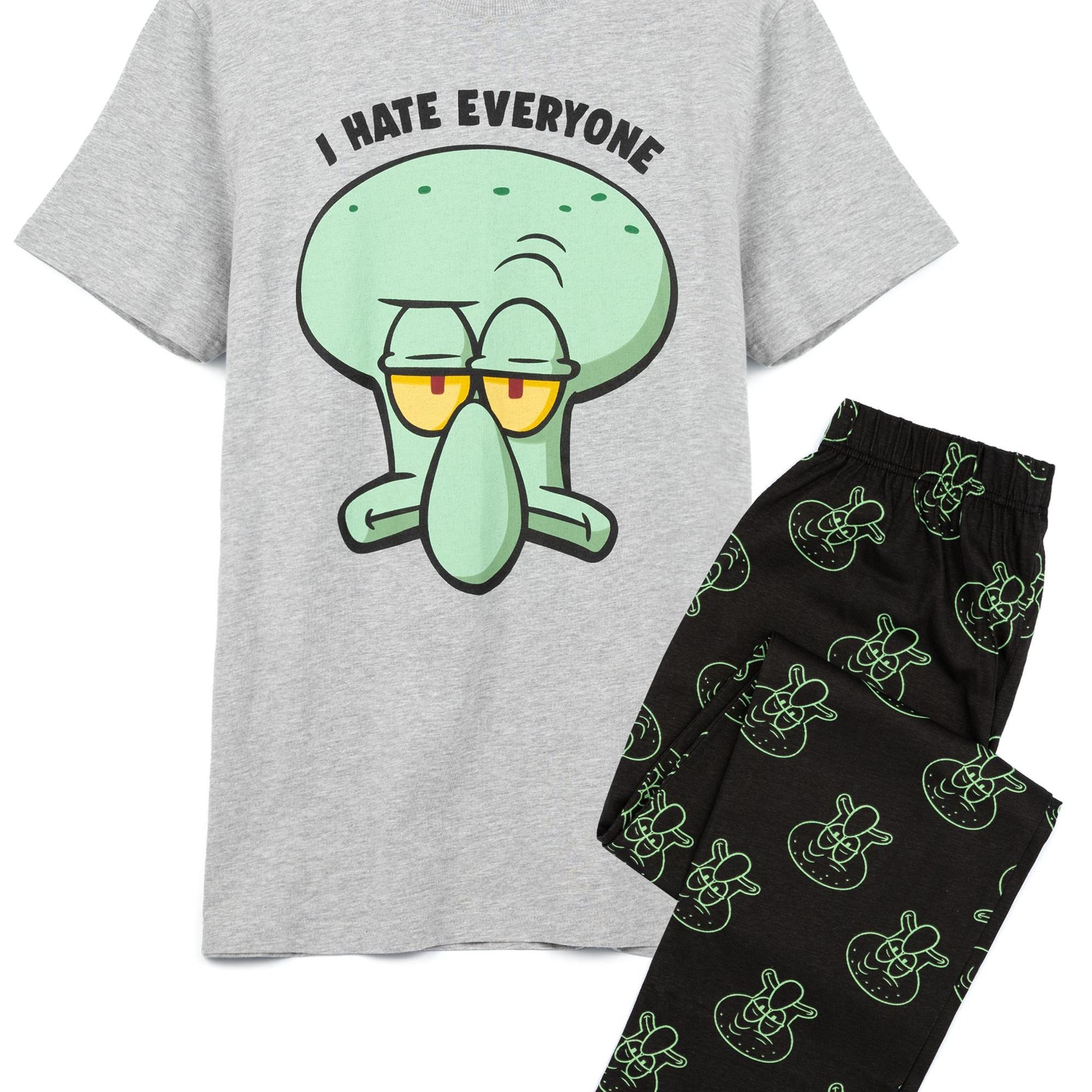 TEMU Spongebob Mens Pyjamas | Adults Octopus I Hate Everyone Grey T-shirt With Black Long Bottoms Pjs | Nickelodeon Series