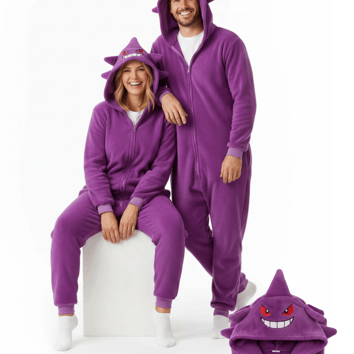 Pokémon Gengar Onesie Cosplaydräkt Mjukispyjamas med Huva och Fickor, Unisex Vuxen, Höst Vinter, S-XXL (155 - 195cm) Nerd Hunters