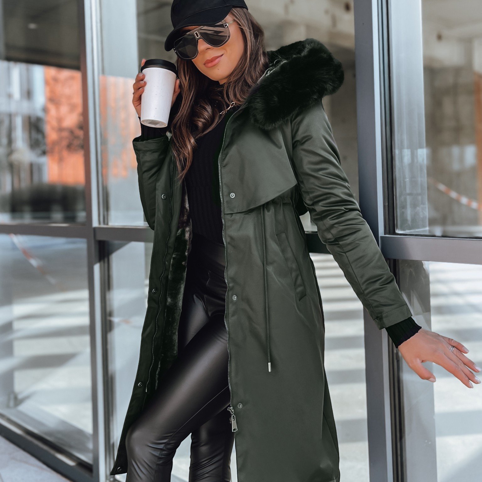 Image of Long Women's Winter Parka With A Hood And Detachable Faux Fur, Elegant Insulated Jacket With A Waist Drawstring, Comfortable Winter Coat For Women On Days, Stylish Everyday And Occasion Outerwear