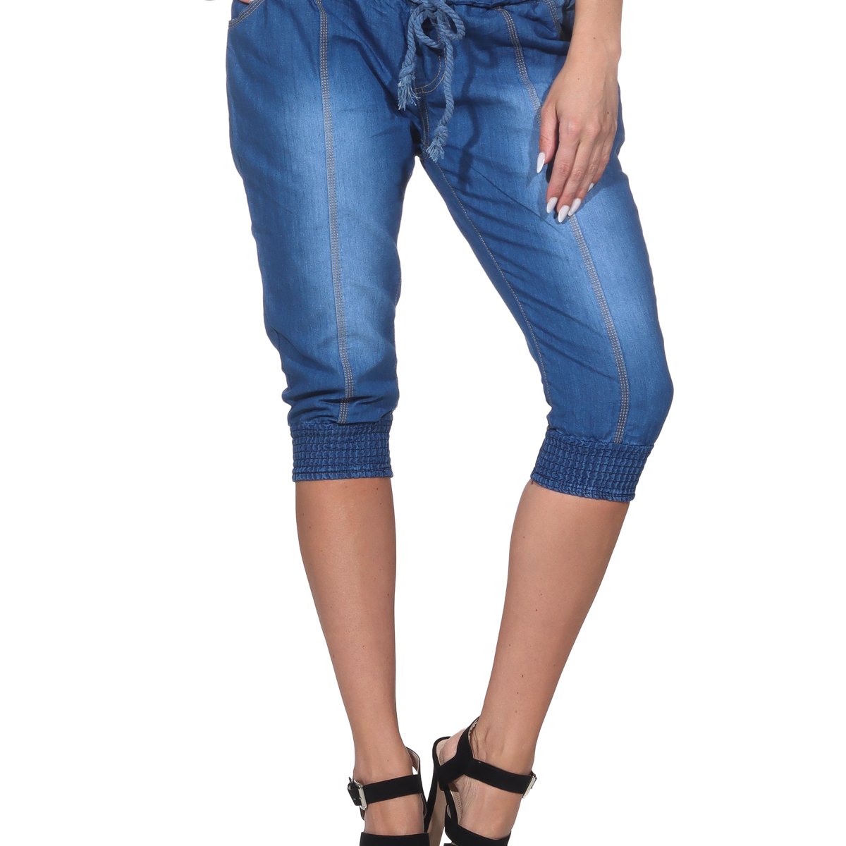 Image of Women's 7/8 Capri Jeans Pants 3/4 Stretch-look Bermuda Denim Summer Pants Casual Pants Blue Jogger-style Drawstring Elastic Waist Short Pants Comfortable Sizes 36 To 44