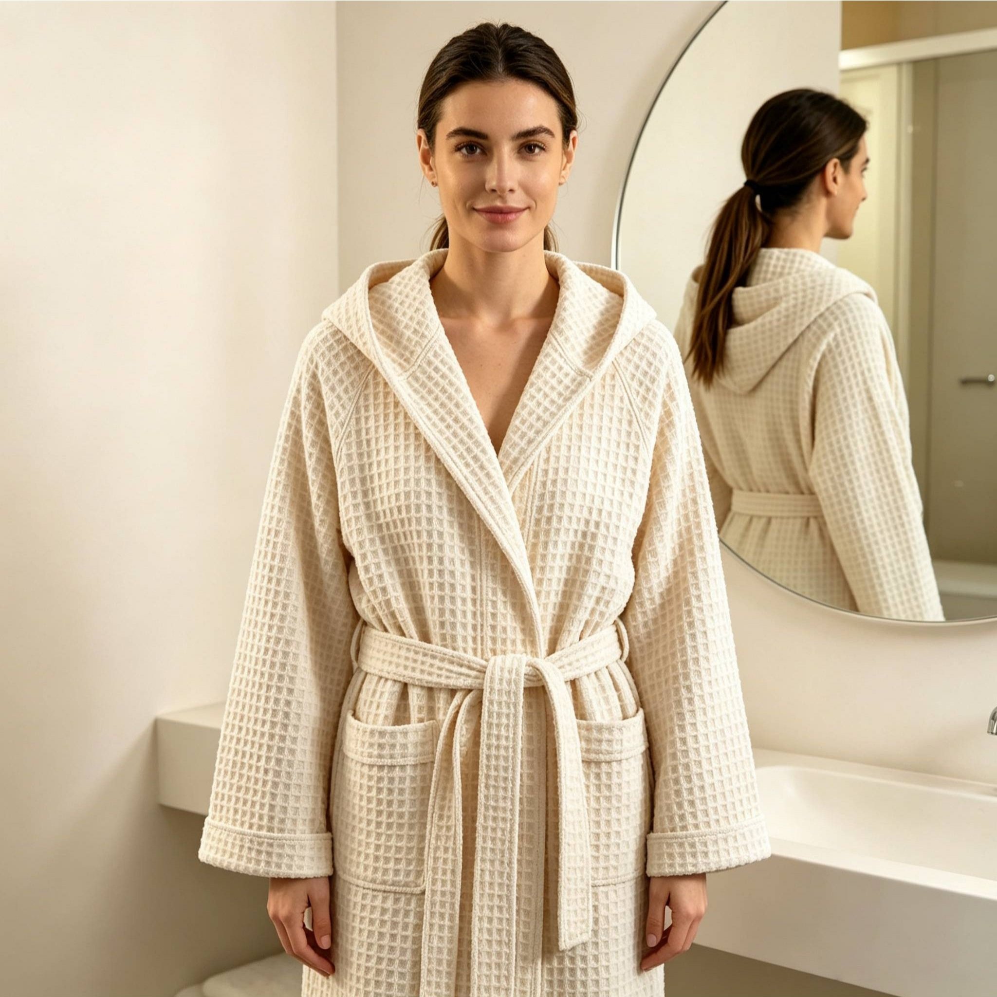 TEMU Unisex Waffle Weave Hooded Bath Robe, Soft Breathable Robe With Adjustable Belt & Pockets, Loose Long Sleeve Loungewear Bathrobe, Lightweight