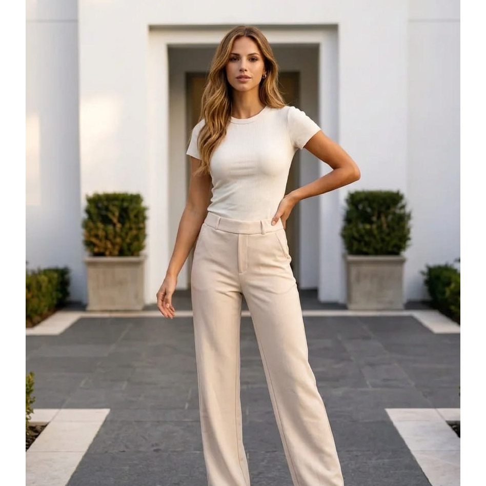 Image of Ladies' Elegant Fabric Trousers - Straight Trousers With Side Pockets, Classic Business Trousers For Office & Everyday