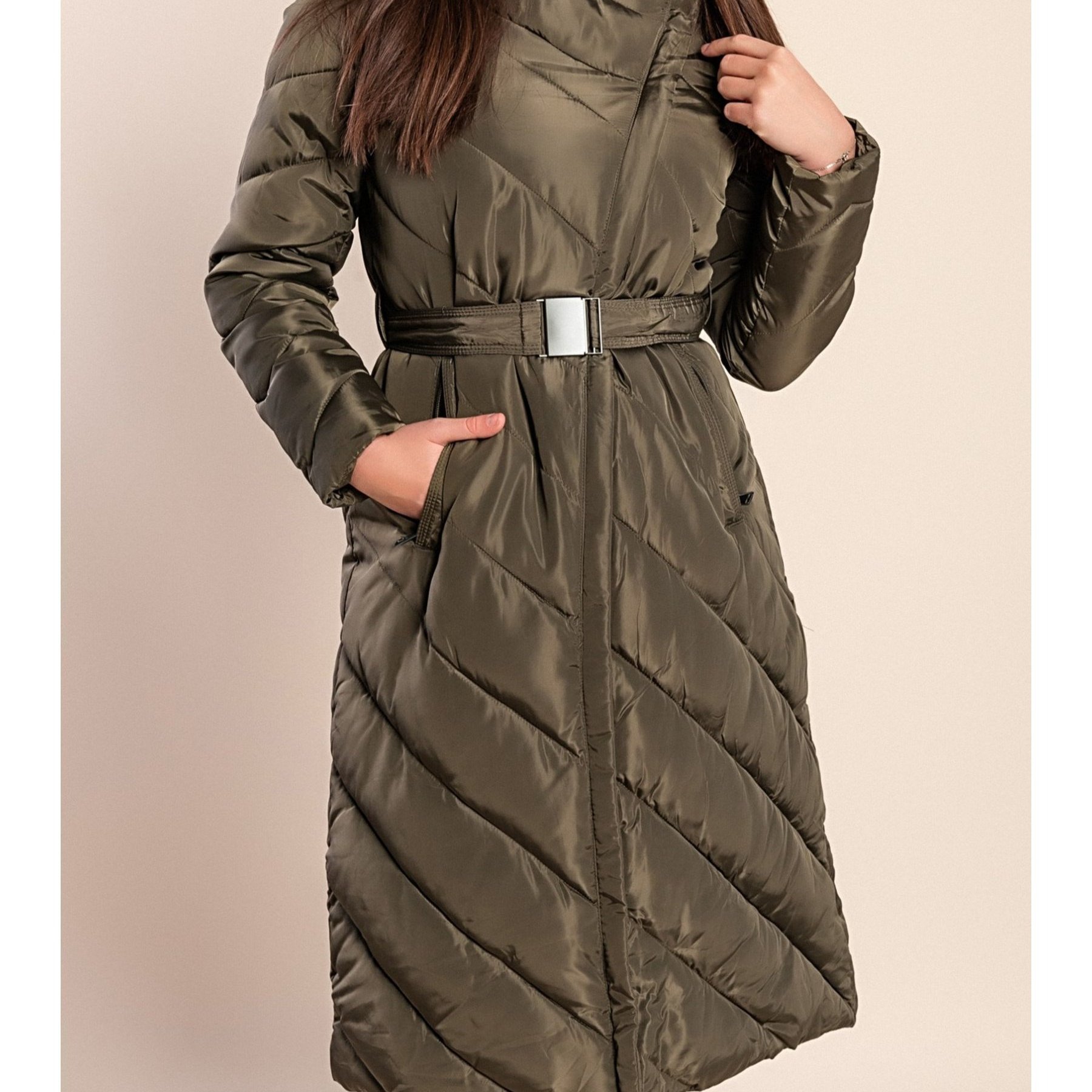 Image of Long Quilted Olive Coat With Hood & Belt – Warm Padded, Knee-length, Zip Front