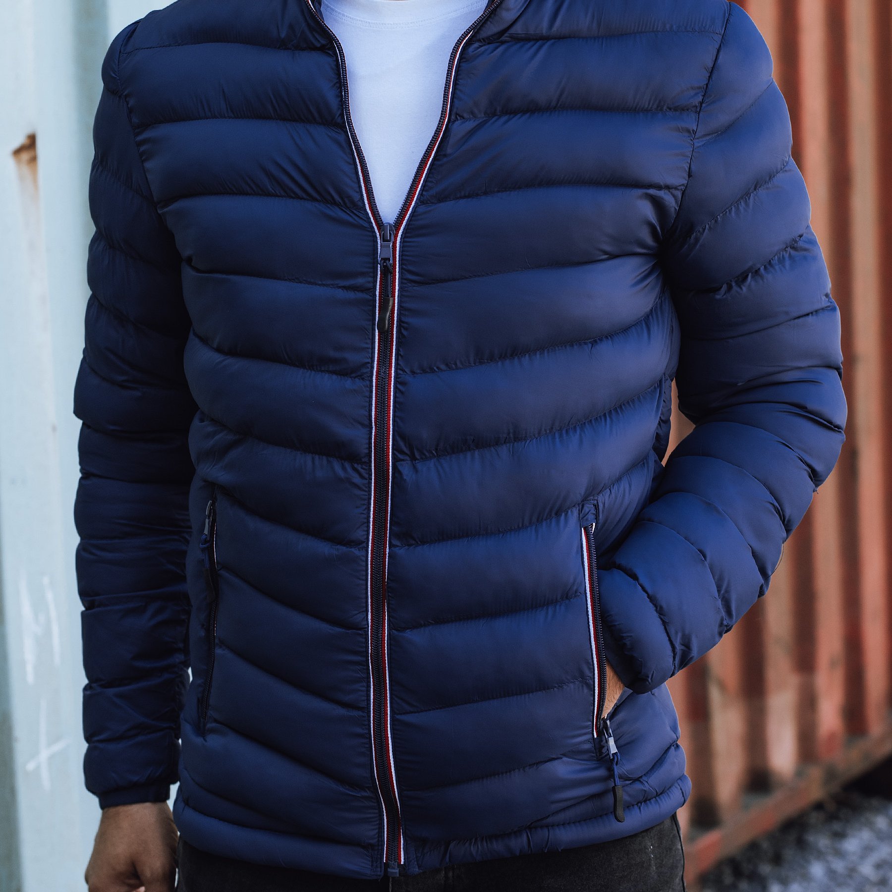 Men's Piqued Navy Blue Jacket, , Light And Warm, Zip-up, Collar, 4 Pockets, Urban Style, For Autumn And Spring, Comfortable, Fitted, Casual, 4934