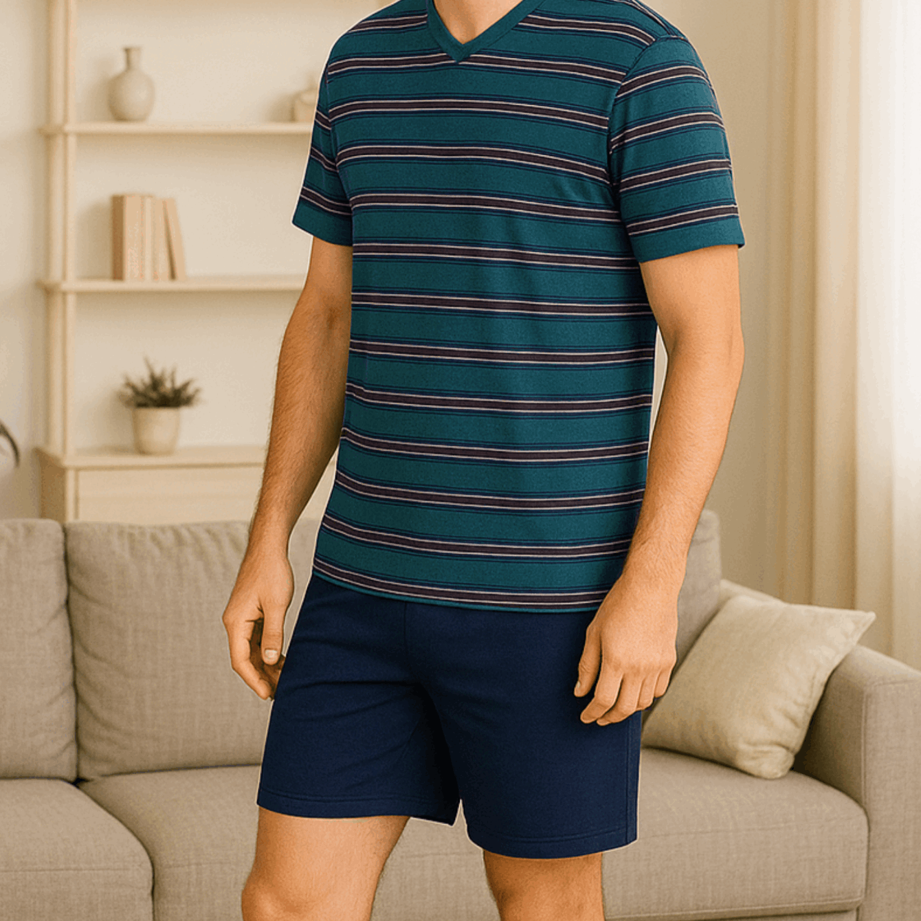 E-shop Schlafanzug Herren kurz 100% Baumwolle Sommer Pyjama T-Shirt mit Streifen Shorts mit dehnbaren Bund Nachtwäsche V-Ausschnitt