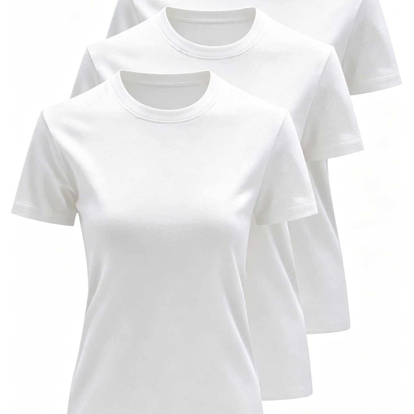 Image of Set Of 3 Solid Color Crew Neck Women's T-shirts, Casual Short Sleeve Tops, Suitable For Spring And Summer, Cotton, Women's Short Sleeve T-shirts - 3-piece Set