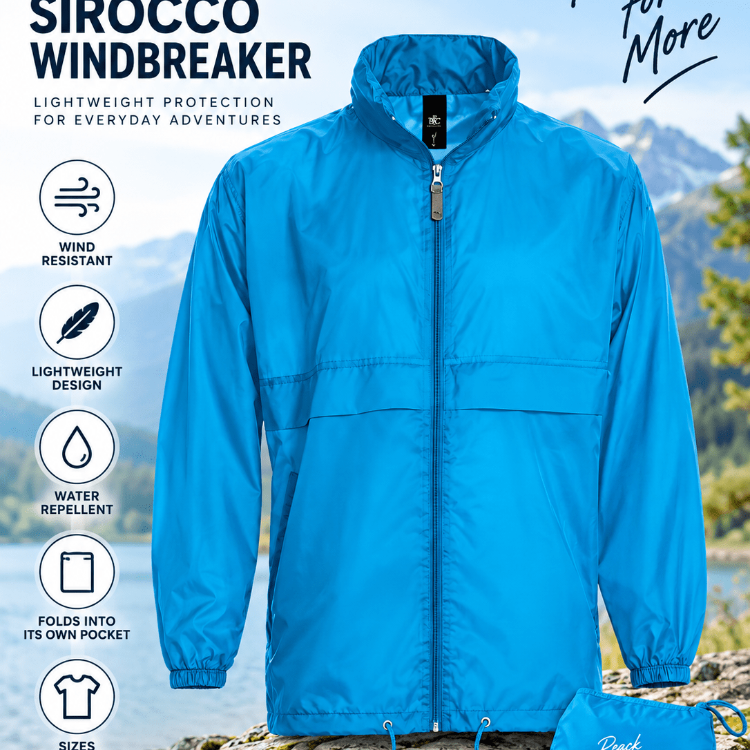 TEMU B&’s Sirocco Blue Windbreaker Jacket – Lightweight 100% Nylon Full-zip Fold-away Jacket, Sizes S–3xl, Single Pack