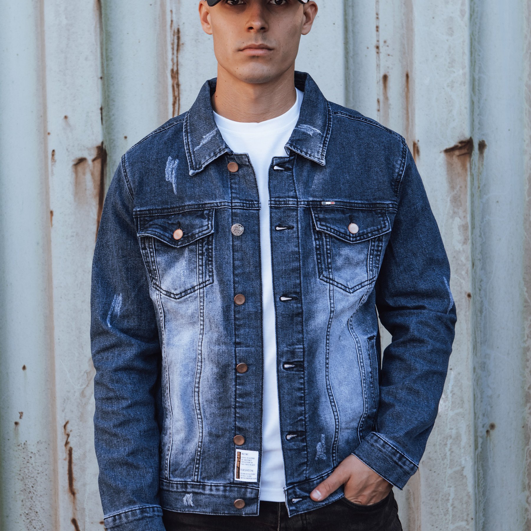 Image of Men's Jeans Jacket Without A Hood, Stylish With Abrasions, Comfortable Denim Jacket For Everyday Wear And , Fashionable Casual Jacket With Pockets And Solid Construction.