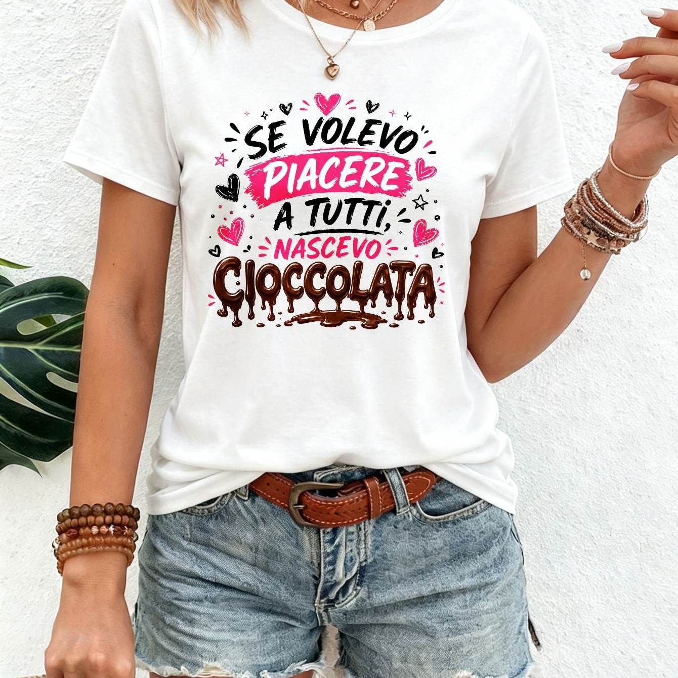 TEMU Casual, T-shirt donna, stampa divertente italiana Se volevo piacere a tutti nascevo cioccolato con e decorazioni colorate, cotone e traspirante,