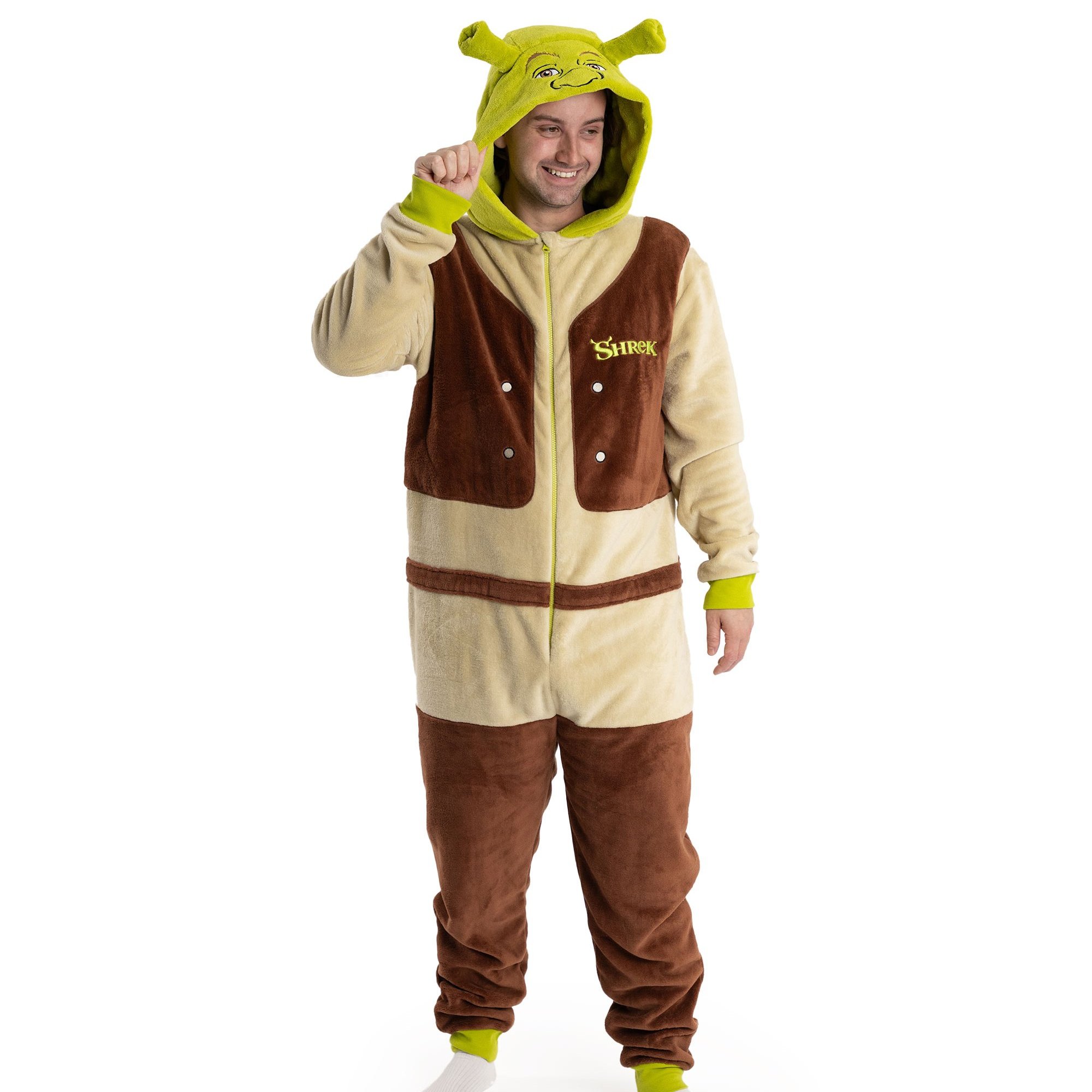 TEMU Shrek Character Unisex Onesie | Cosy Fleece Loungewear With 3d Hood & Zipper | Long Sleeve Movie Costume For Relaxing & Dress-up | Shrek Merch -