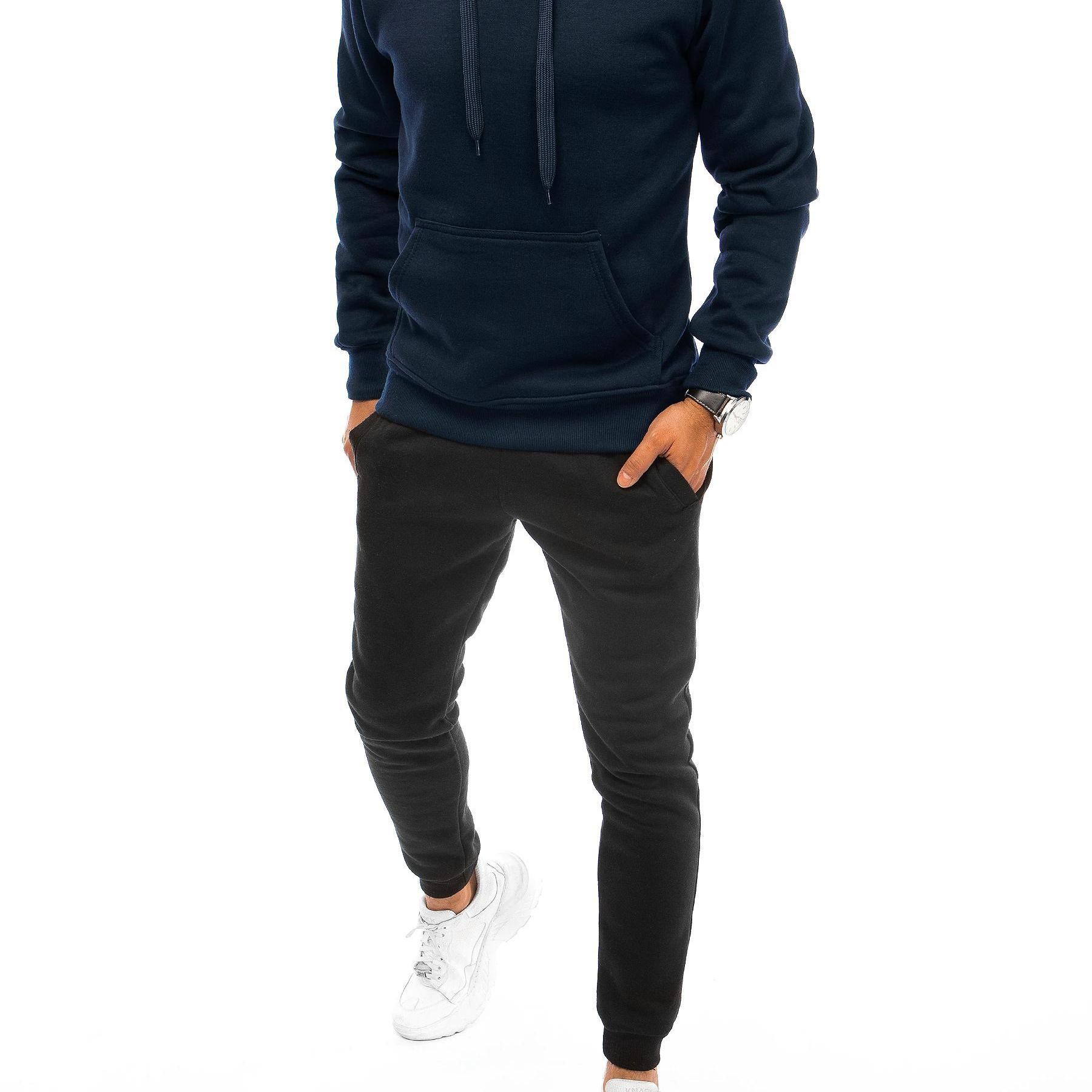 Image of Men's Navy-black Tracksuit Set With Hood, Kangaroo Pocket Sweatshirt, And Joggers, Cotton + Polyester, Soft Material, , Casual Everyday Sportswear, Urban Sport Set For And Relaxation, 0631