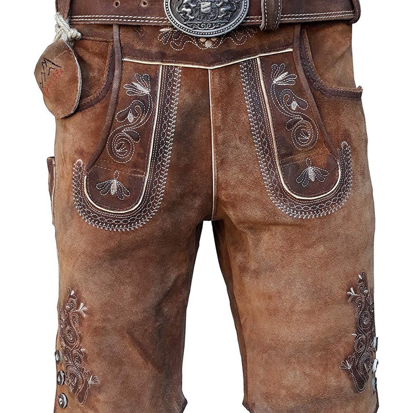 Men's Short Leather With Belt, Brown, Marbled, Antique Look Buffalo Leather, Vintage Style