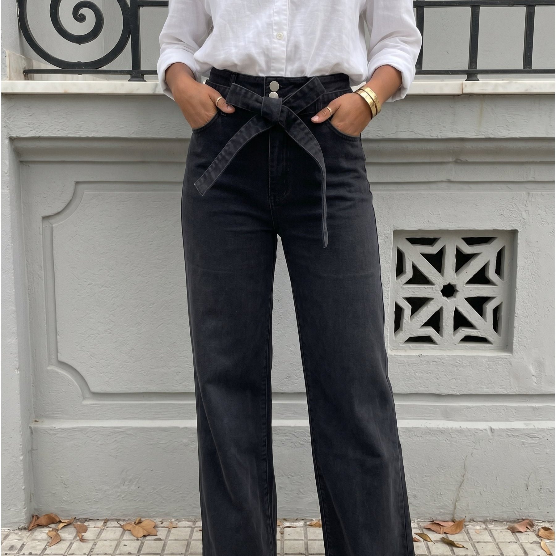 Image of Women Stretch Straight Leg Denim Pants, High Waist Denim Trousers With Self Tie Belt Option, Casual Daily Wear Jeans, Classic Slim Fit Denim Bottoms For Street Outfits