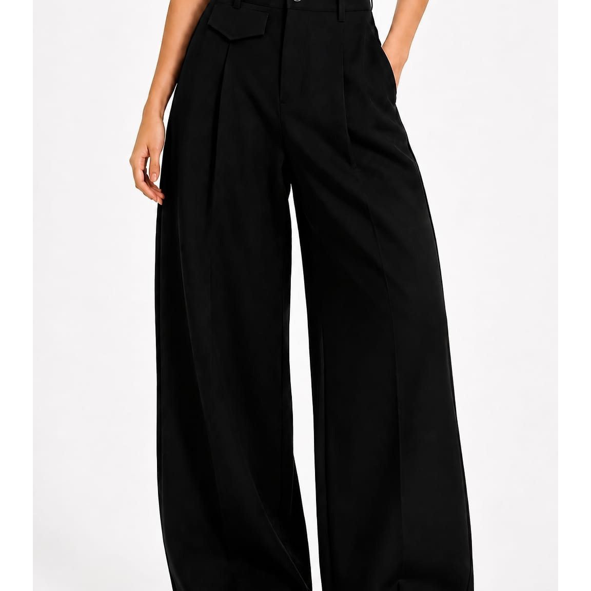 Image of Women's Palazzo Pants With High Waist - Wide Wide-leg Pants With Waist Folds, Side Pockets & Wide Leg, Elegant Casual Leisure Pants For Office, Everyday & Streetwear