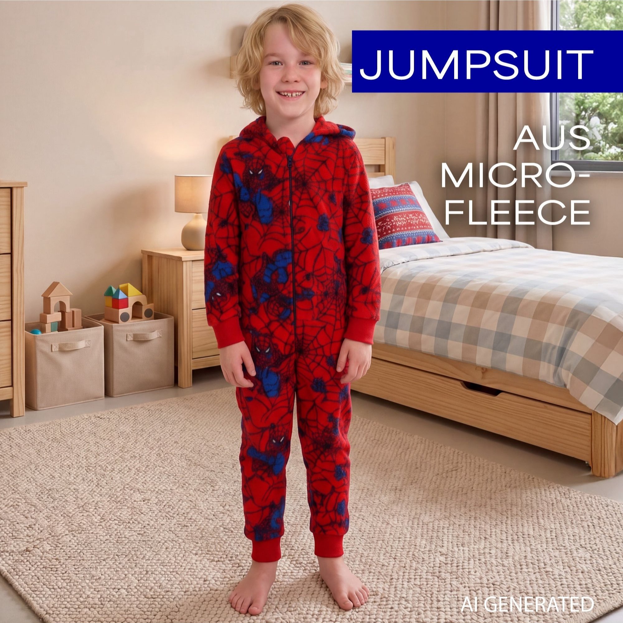 Image of Spiderman Jumpsuit With Hood For Boys - Long-sleeved Children's Pajamas Red