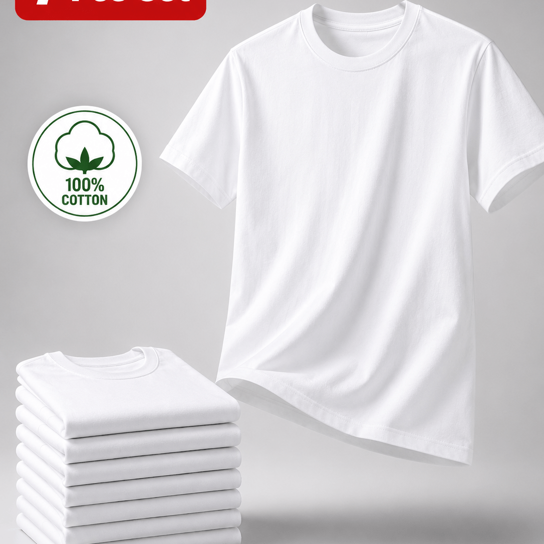 TEMU Pack Of 7 Men's T-shirts, Short-sleeved Round-neck T-shirt, Basic Solid-colored T-shirts, Soft Lightweight Breathable, Under-jacket Intimate,