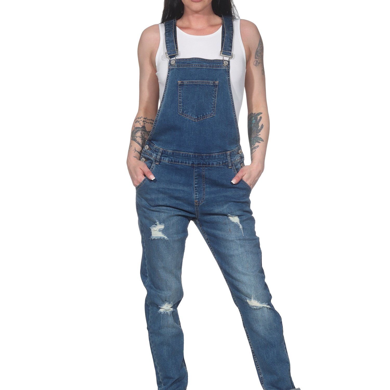 Image of Women' Overalls Jeans Destroyed - Denim Overalls With Rips And Holes - Ripped Style Jumpsuit - Slim Bib Jeans - Modern Urban Streetwear - One-piece Pants - Sotala