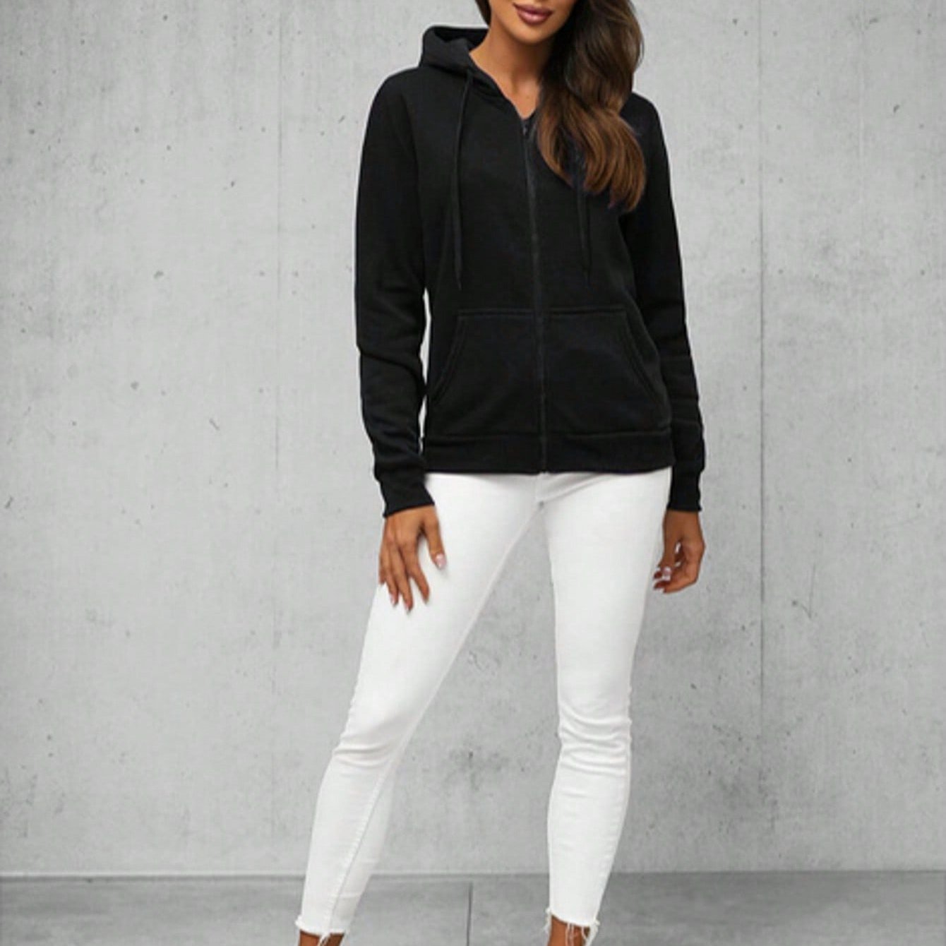 Women's Zip-up Hooded Jacket Basic Hoodie, Long Sleeve Sweatshirt With Kangaroo Pocket, Loose Fit, Comfortable For Everyday, Leisure & Sport