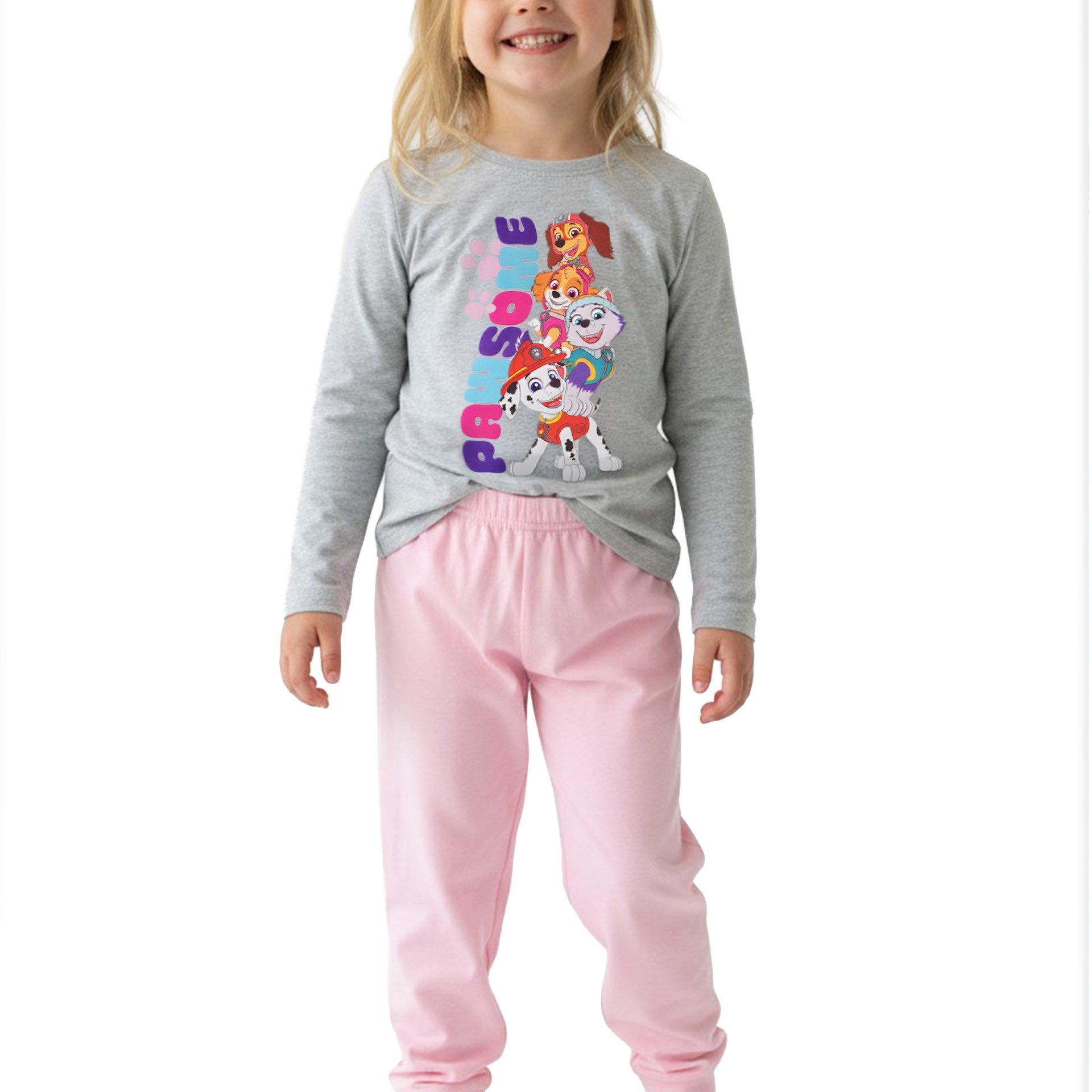 Image of Pajamas For Girls - Kids' Pajama Set Long Sleeve Top With Pants Pink/gray