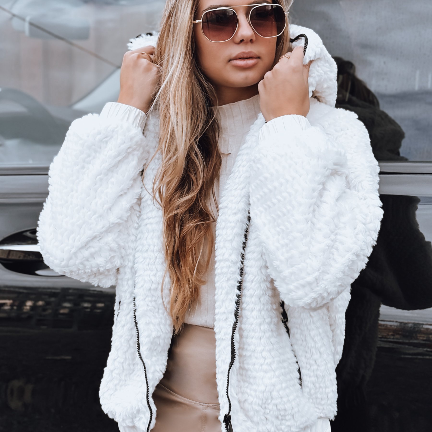 Image of Women's Fur Hooded Jacket, Soft Hip-length Coat With Double Zipper And Drawstrings, Stylish Casual Jacket For Cooler Days, Comfortable Furry Jacket With Zippered Pockets For Everyday Outfits