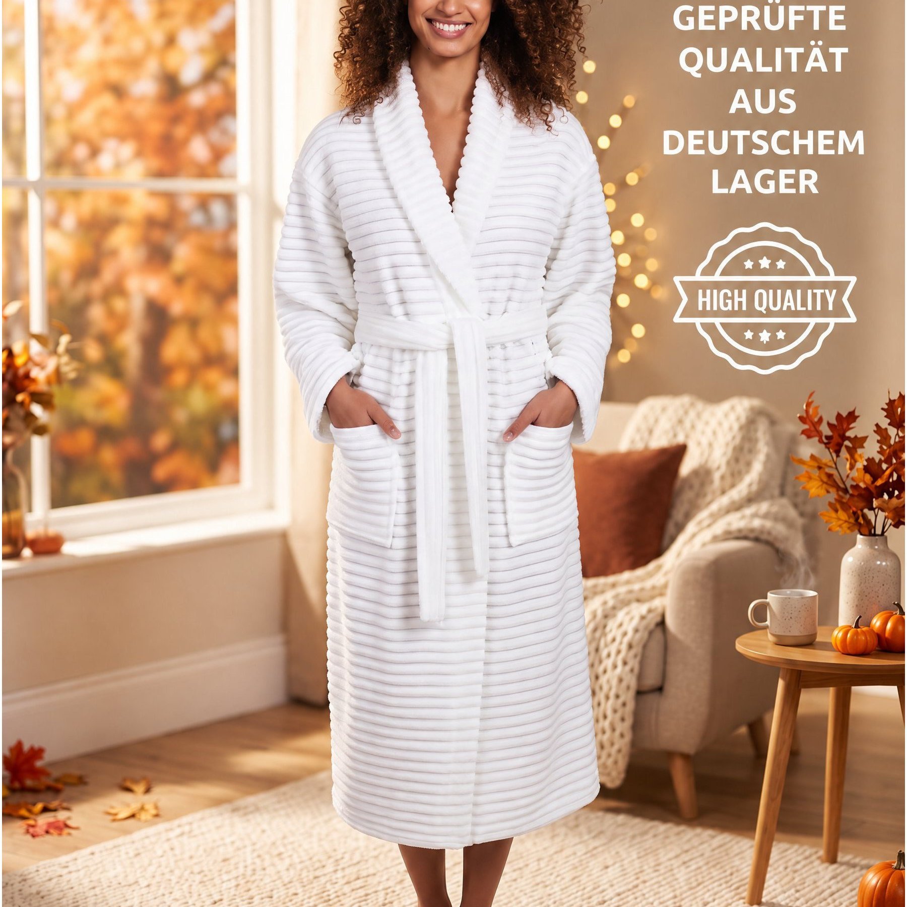 Image of Cozy Ladies' Fleece Bathrobe With Shawl Collar & Elegant Cord Stripes – Soft, Warm & Stylish