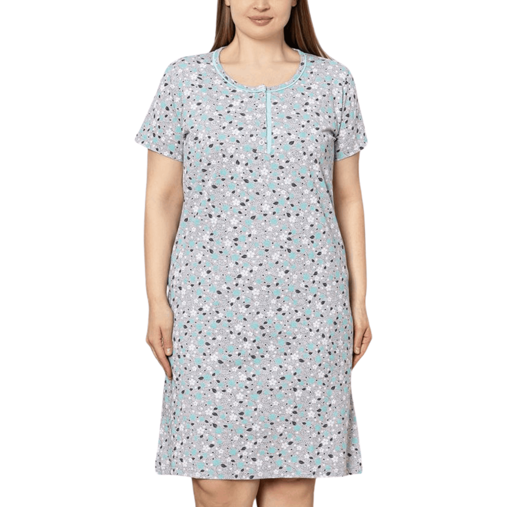 Image of Women' Gray Floral Nightgown With Flowers, Cotton Pajama Dress For Sleeping, Comfortable Lounge Homewear, Short Sleeve, Floral Pattern, Soft Nightshirt For Summer And Spring, 2 Designs From