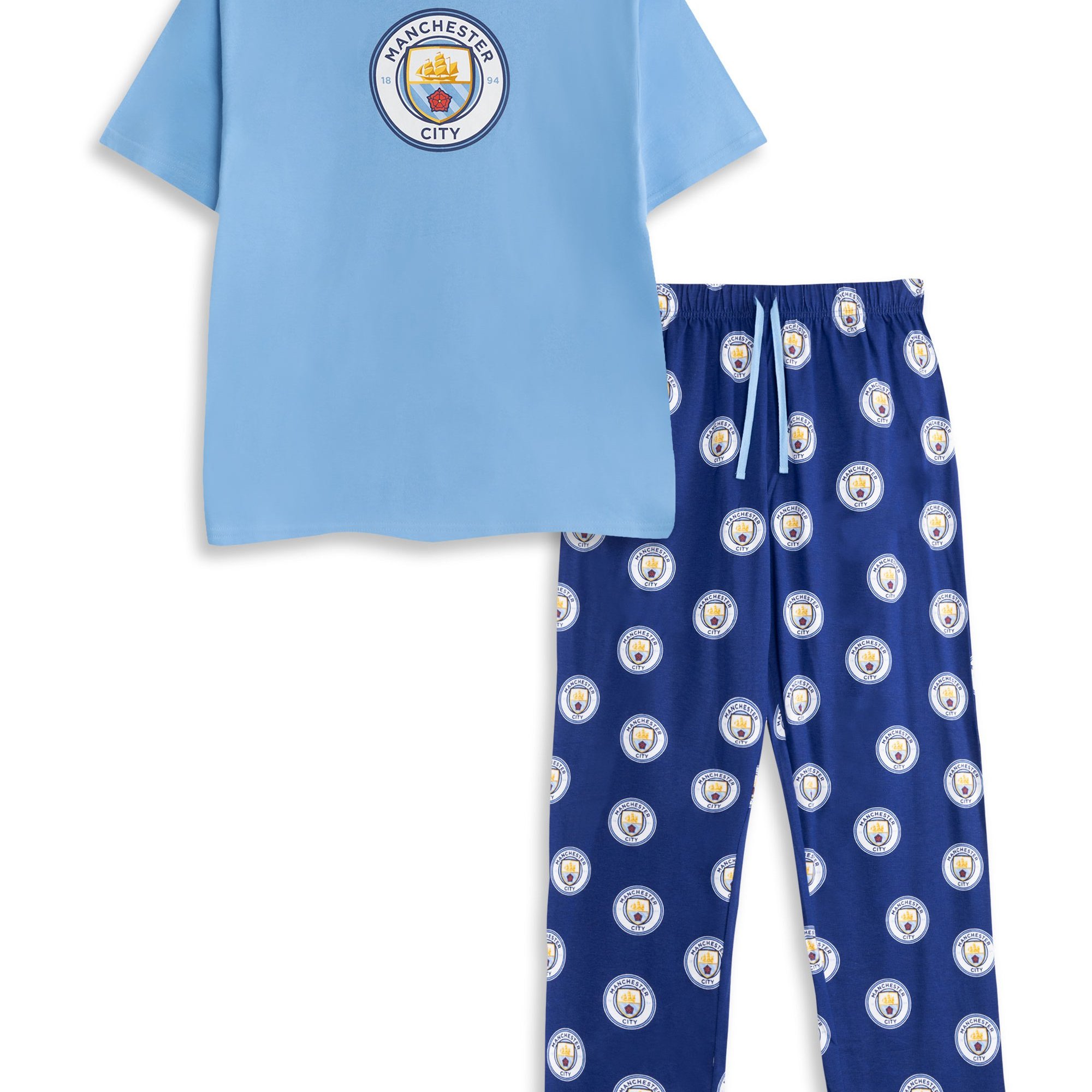 TEMU Manchester City Mens Light Blue & Navy Logo Short Sleeve Long Leg Pyjama Set | Classic Sports Loungewear For Relaxation & Sleep | Comfortable