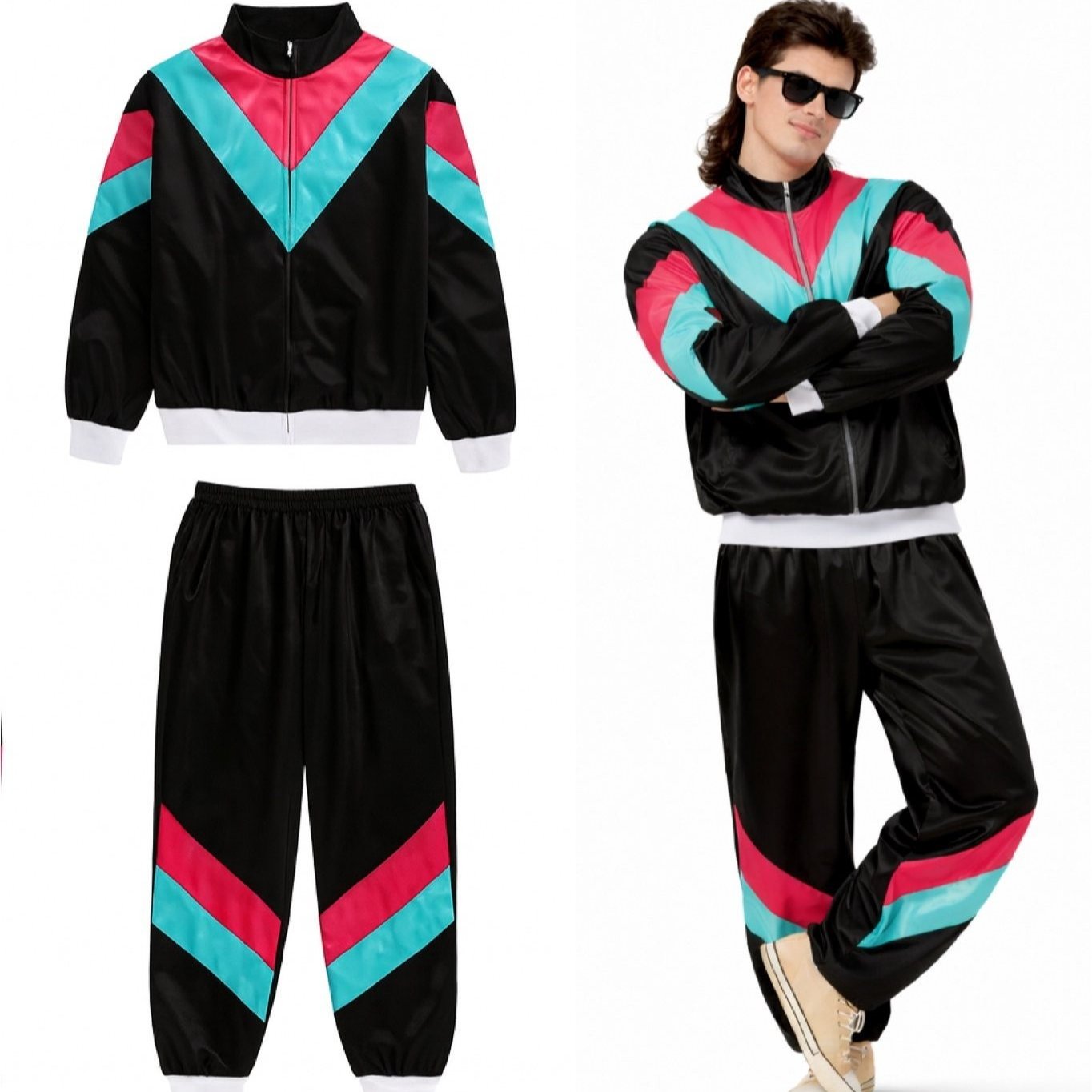 Image of Retro Jogging Suit 80s & 90s Overalls – Neon Tracksuit In Bad Taste Look – Unisex Costume For Mardi Gras & Carnival, Black