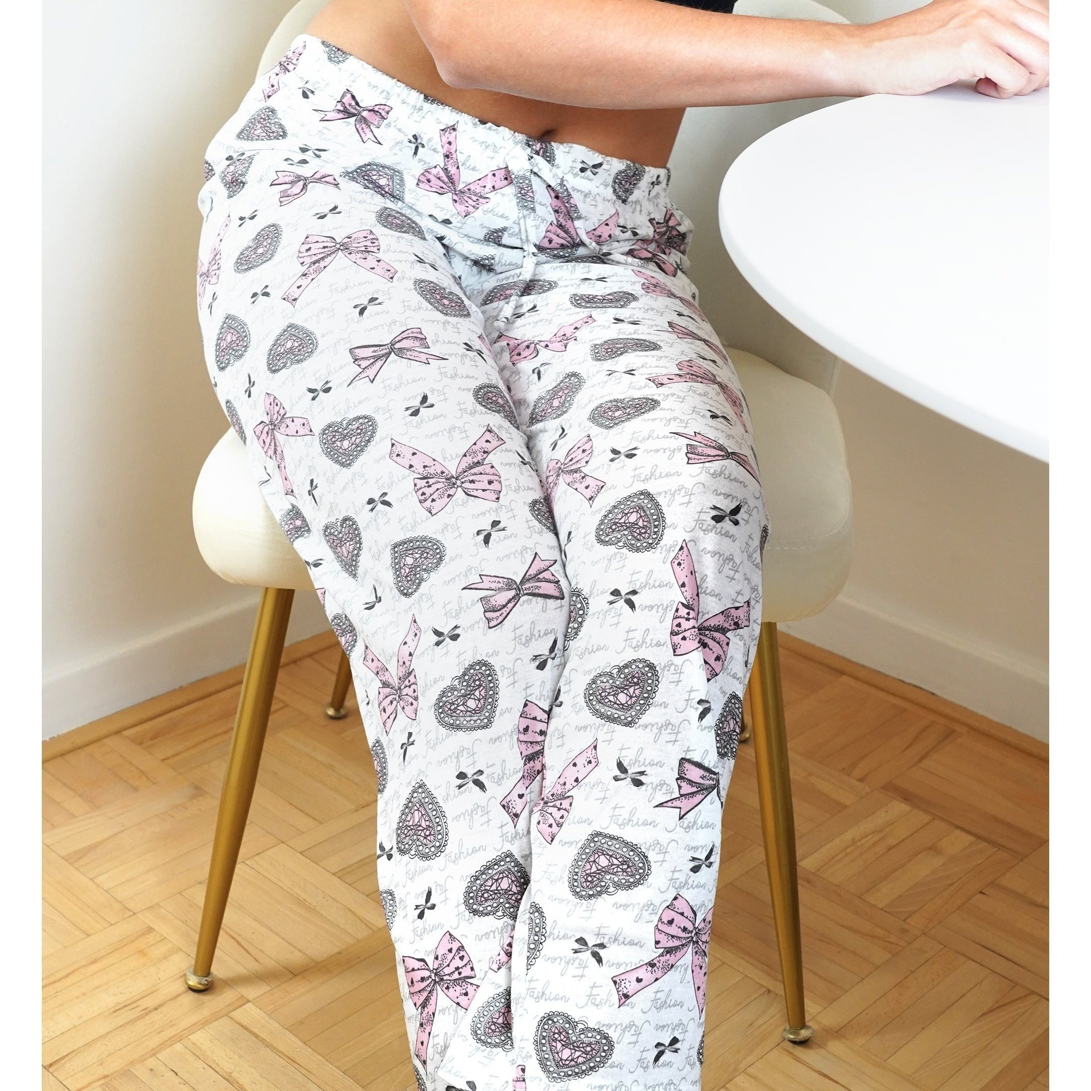 Image of Women's 100% Cotton Pajama Pants – Soft Breathable Lounge & Sleepwear Bottoms With Cute Bow And Heart Print – Comfortable Relaxed Fit