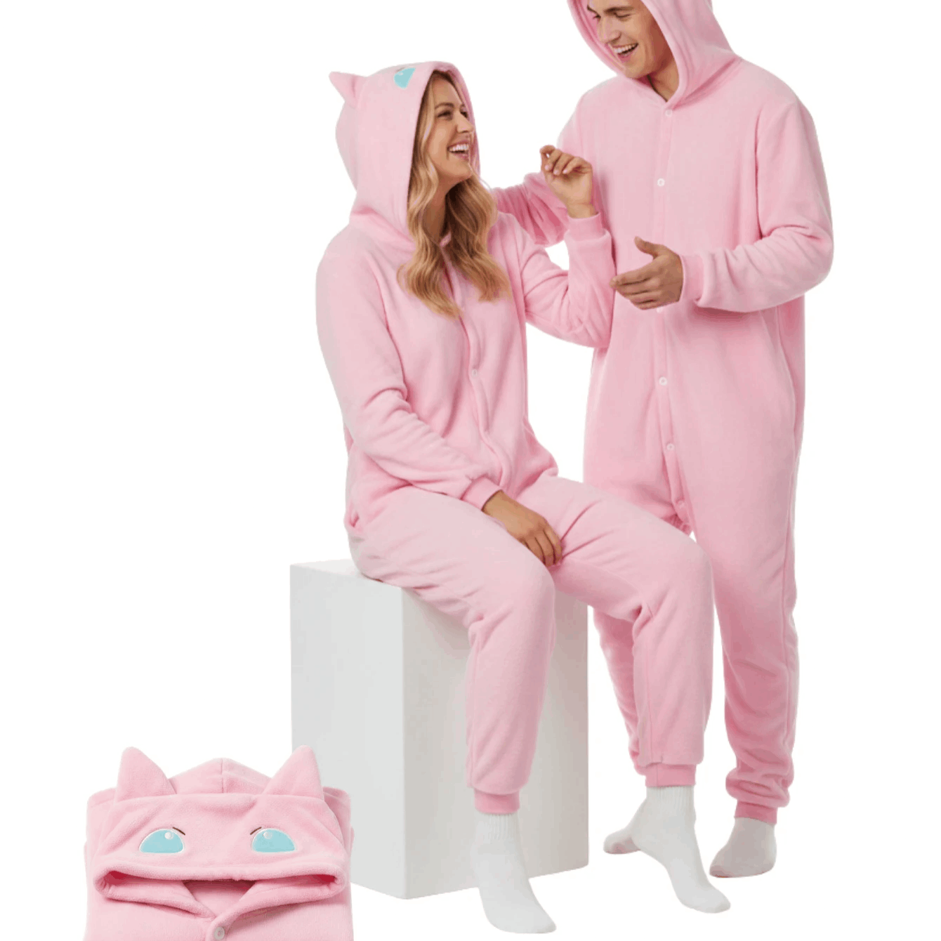 Image of Mew Onesie Cosplay Costume Plush Pajamas With Hood And Pockets, Unisex Adult, Autumn Winter, S-xxl (155 - 195cm) Nerd Hunters