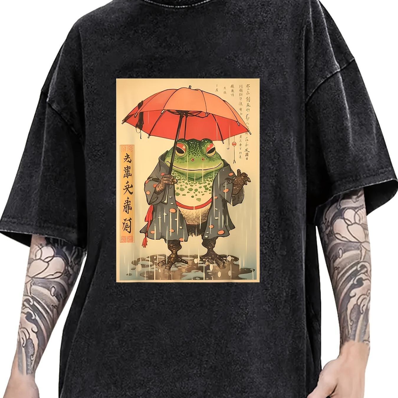 TEMU Camiseta para hombre con estampado de rana en kimono, de moda, con caídas, de calidad, gruesa, de , extragrande, vintage, desgastada, de puro