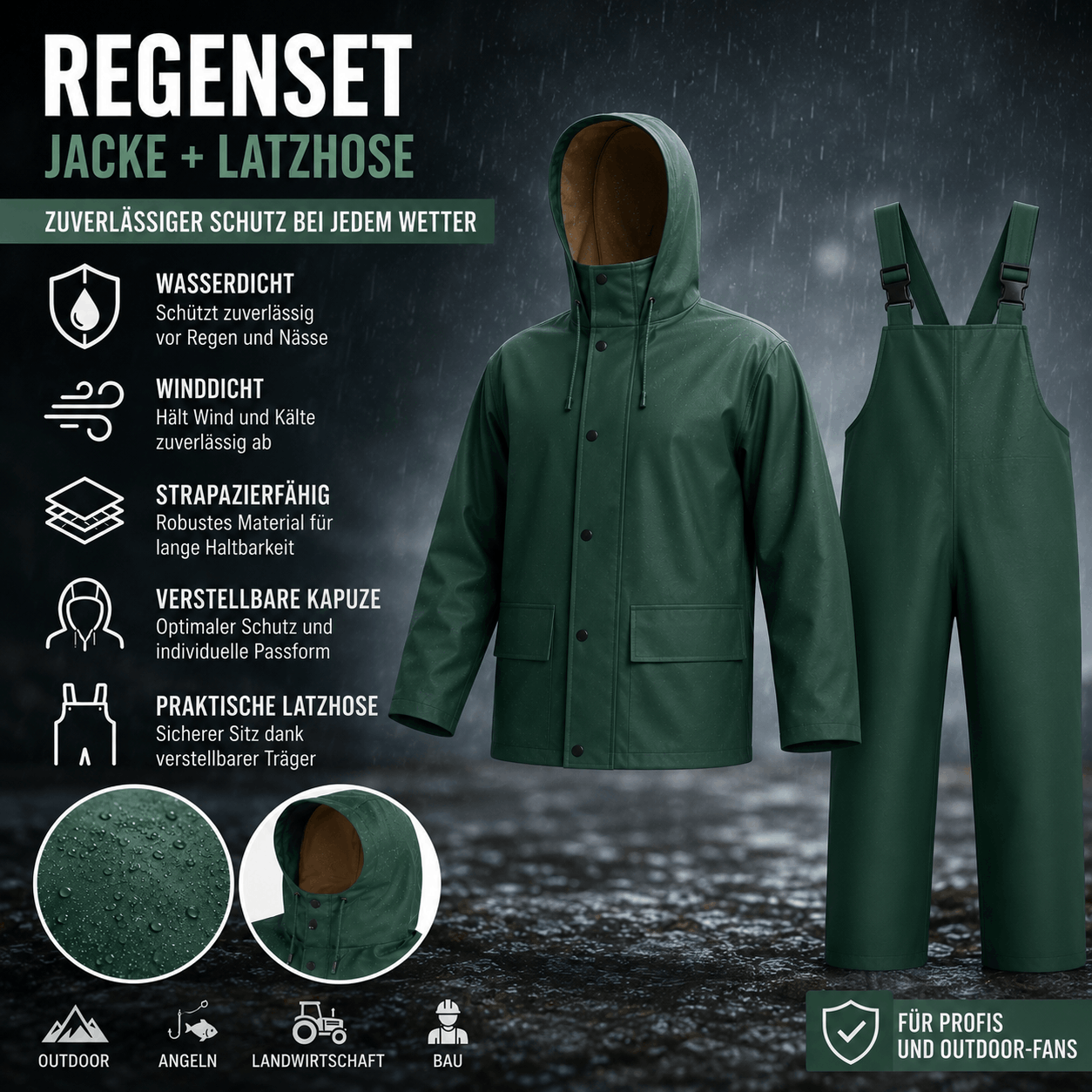 TEMU Regenpak PUERTO Pro Set - Regenjas + Bib Broek Waterdicht Winddicht Werkkleding Gemaakt van PU | Robuuste Buiten- & Werkregenkleding voor Bouw,