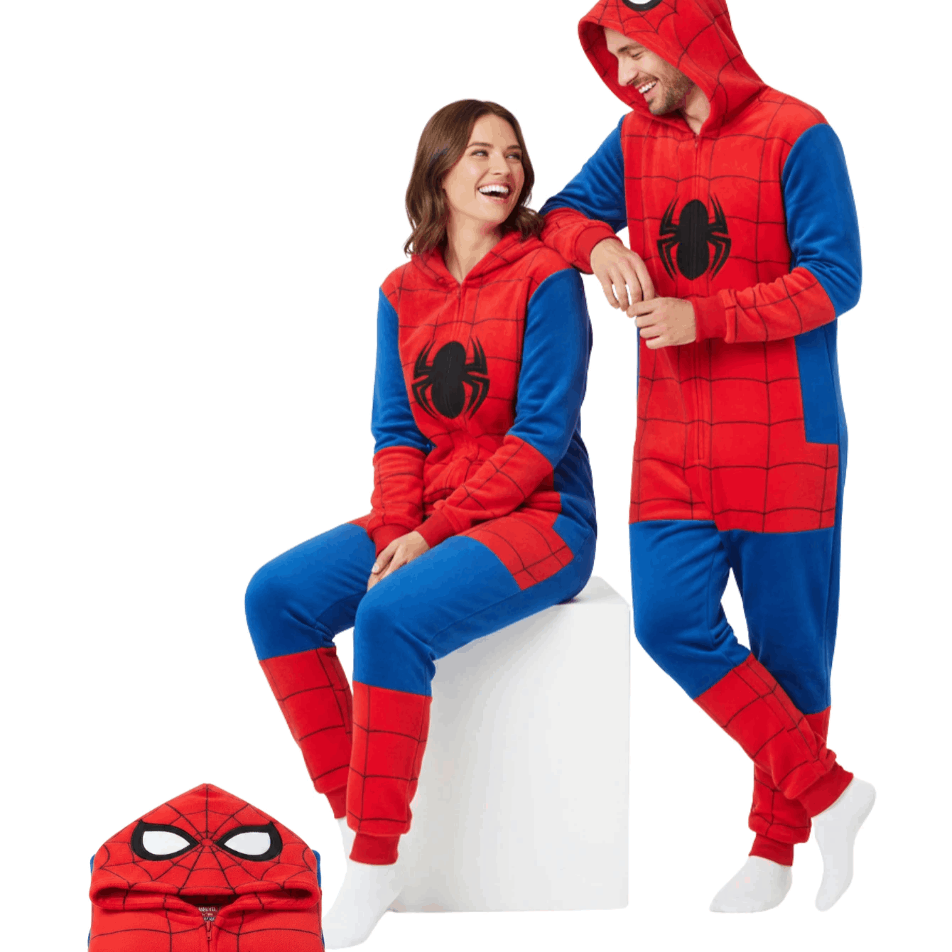 Image of Onesie Spider-man Cosplay Plush Pajamas With Hood And Pockets, Unisex Adults, Autumn Winter, S-xxl (155-195cm) Nerd Hunters
