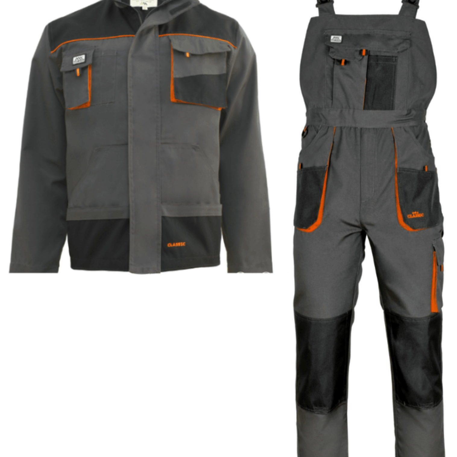 Workwear Set For Men Classic – + Work Jacket, Canvas 270 G/m², Reinforced, Many Pockets, & Comfortable, Grey/orange